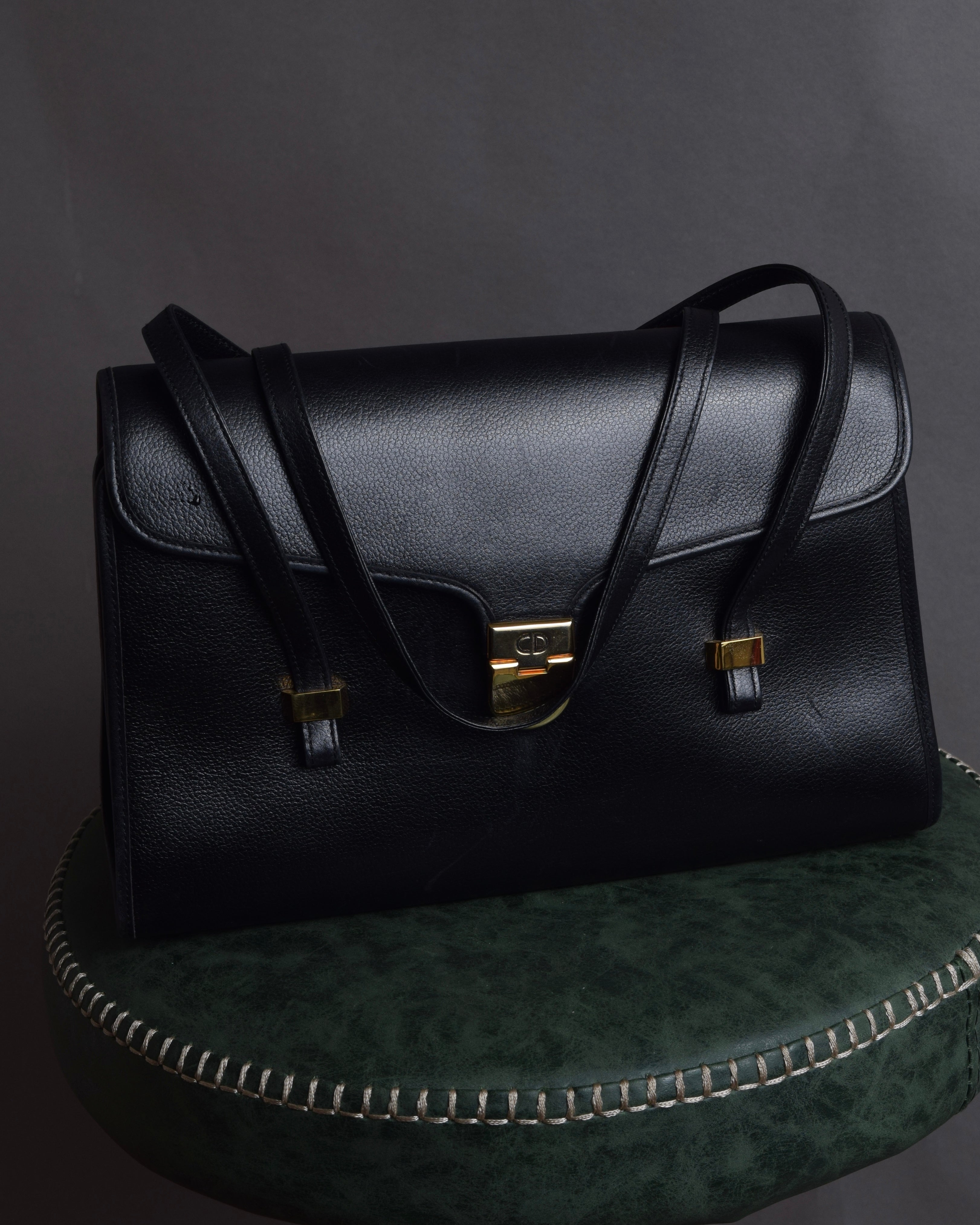 "Christian Dior" Structured flap design gold clasp leather bag