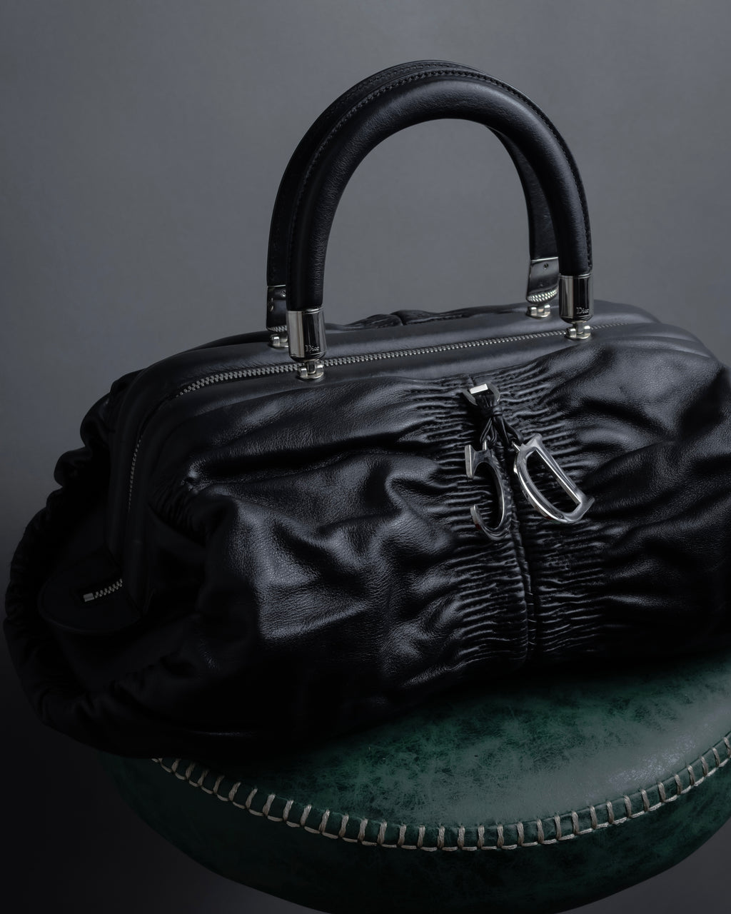 "Christian Dior" CD motif charm design gathered leather hand bag