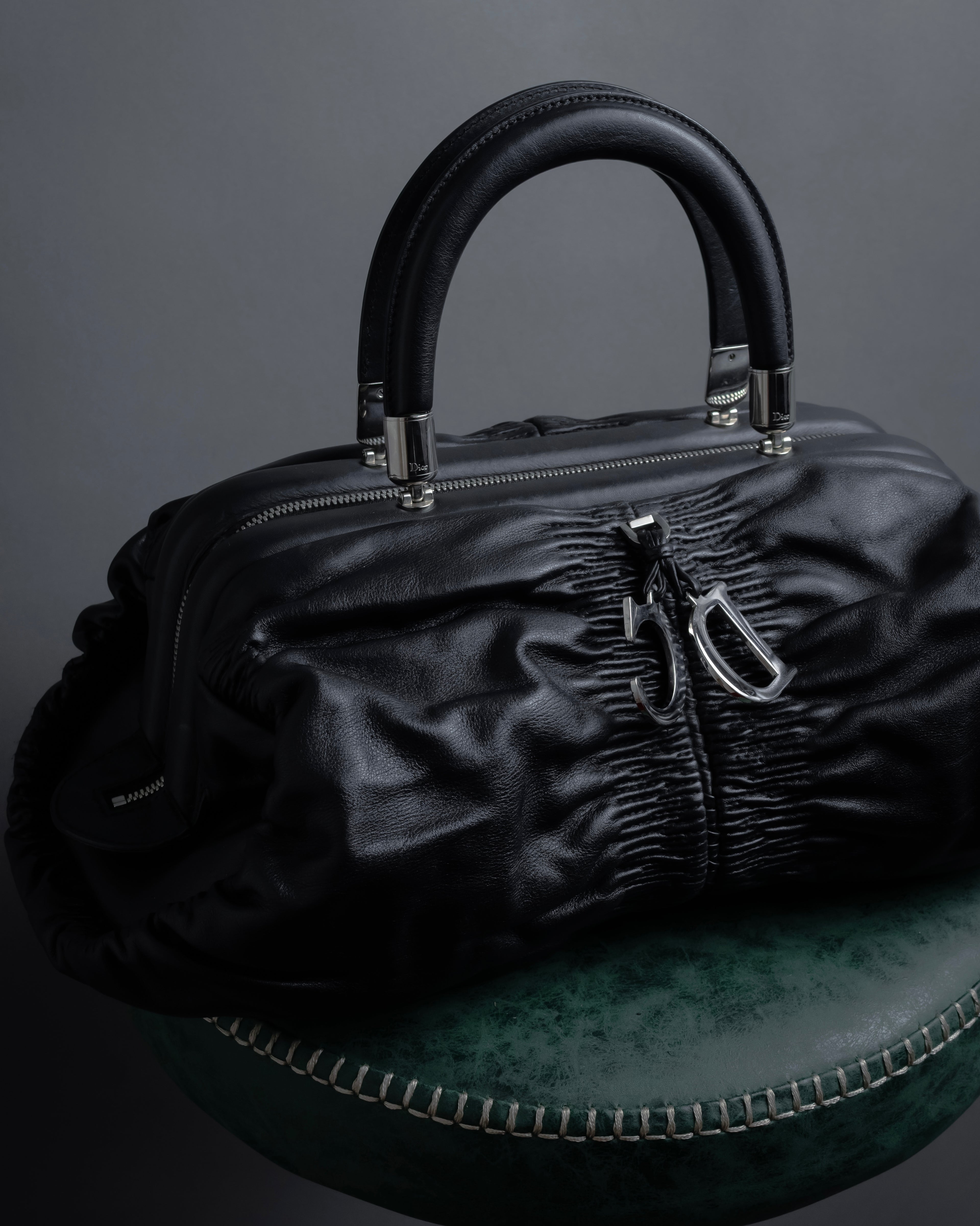 "Christian Dior" CD motif charm design gathered leather hand bag