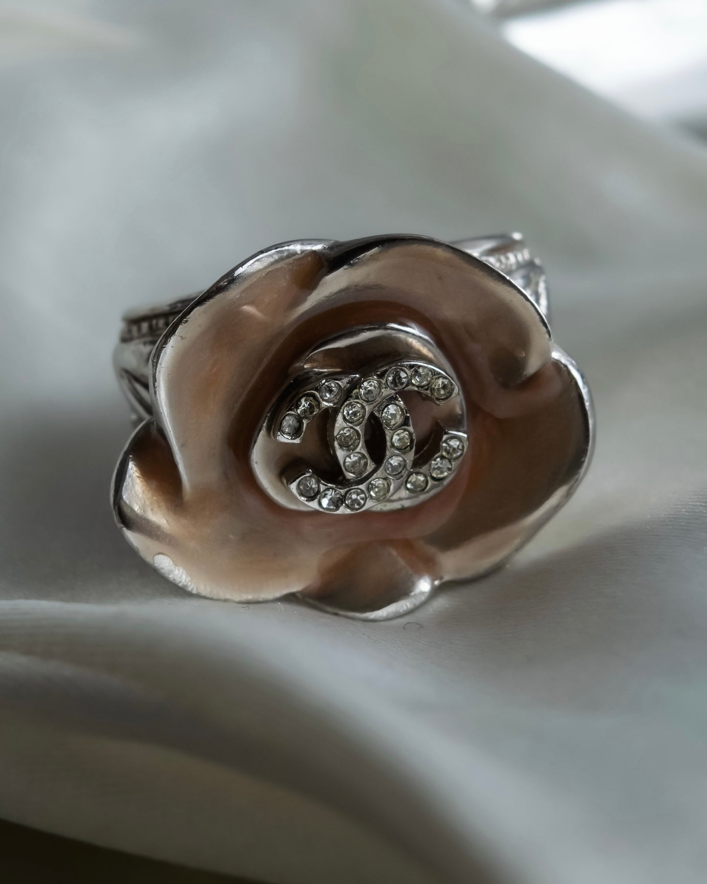 "CHANEL" Camellia motif rhine stone coco mark ring