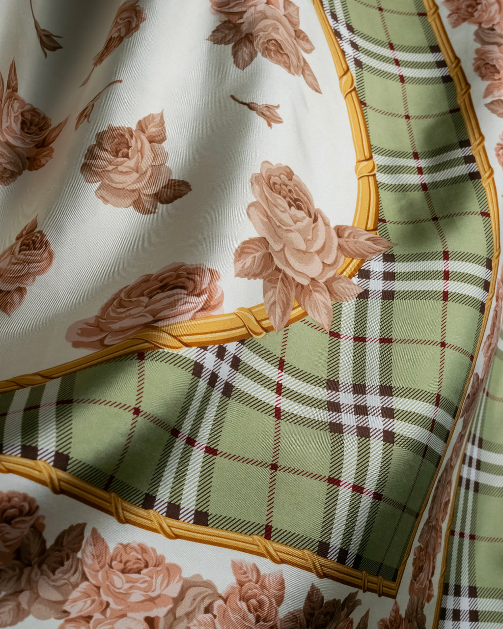 "BURBERRYS" Rose motif layered check pattern silk scarf