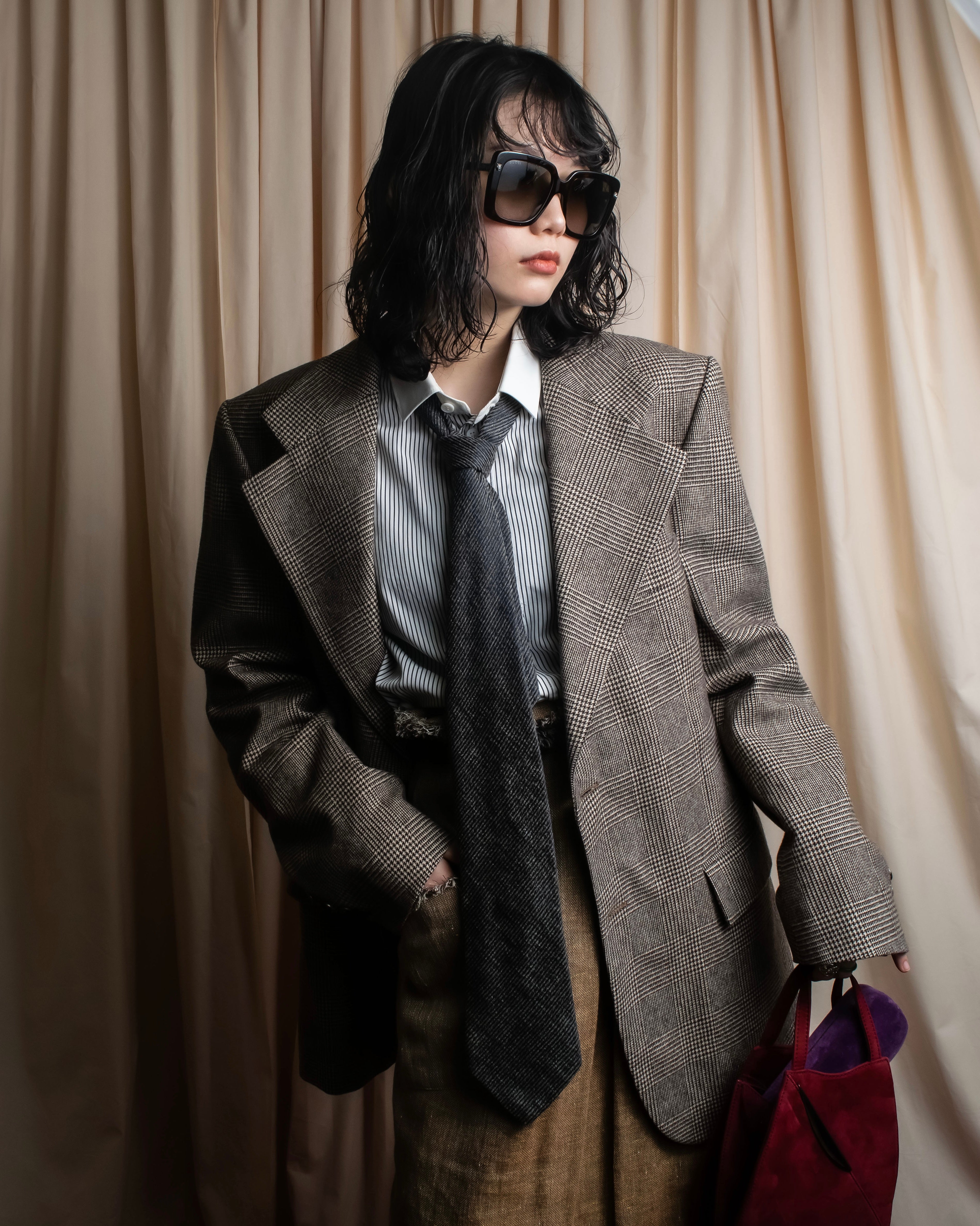 "YVES SAINT LAURENT" Glen plaid oversized wool tailored jacket