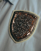 -SPECIAL- "Christian Dior" 00's-10's Embellished shield crest striped ruched sleeve shirt