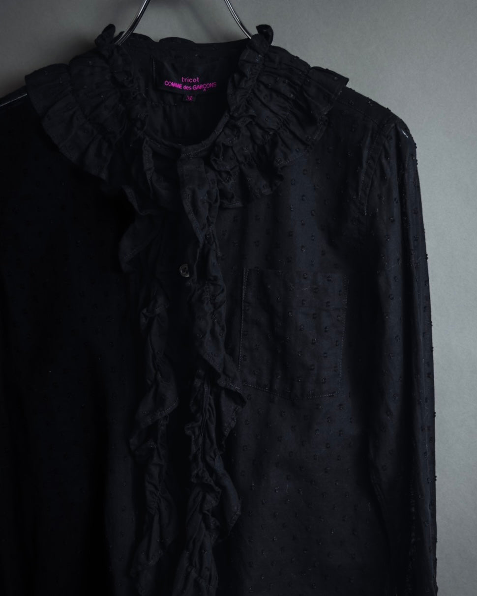 "tricot COMME des GARCONS"  80's Tiered ruffle design, dotted sheer blouse