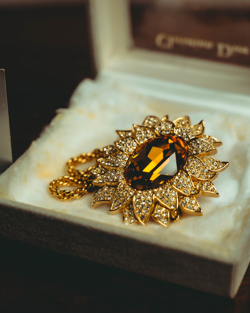 -SPECIAL- “Christian Dior” 80’s-90’s Sunburst amber glass pendant brooch