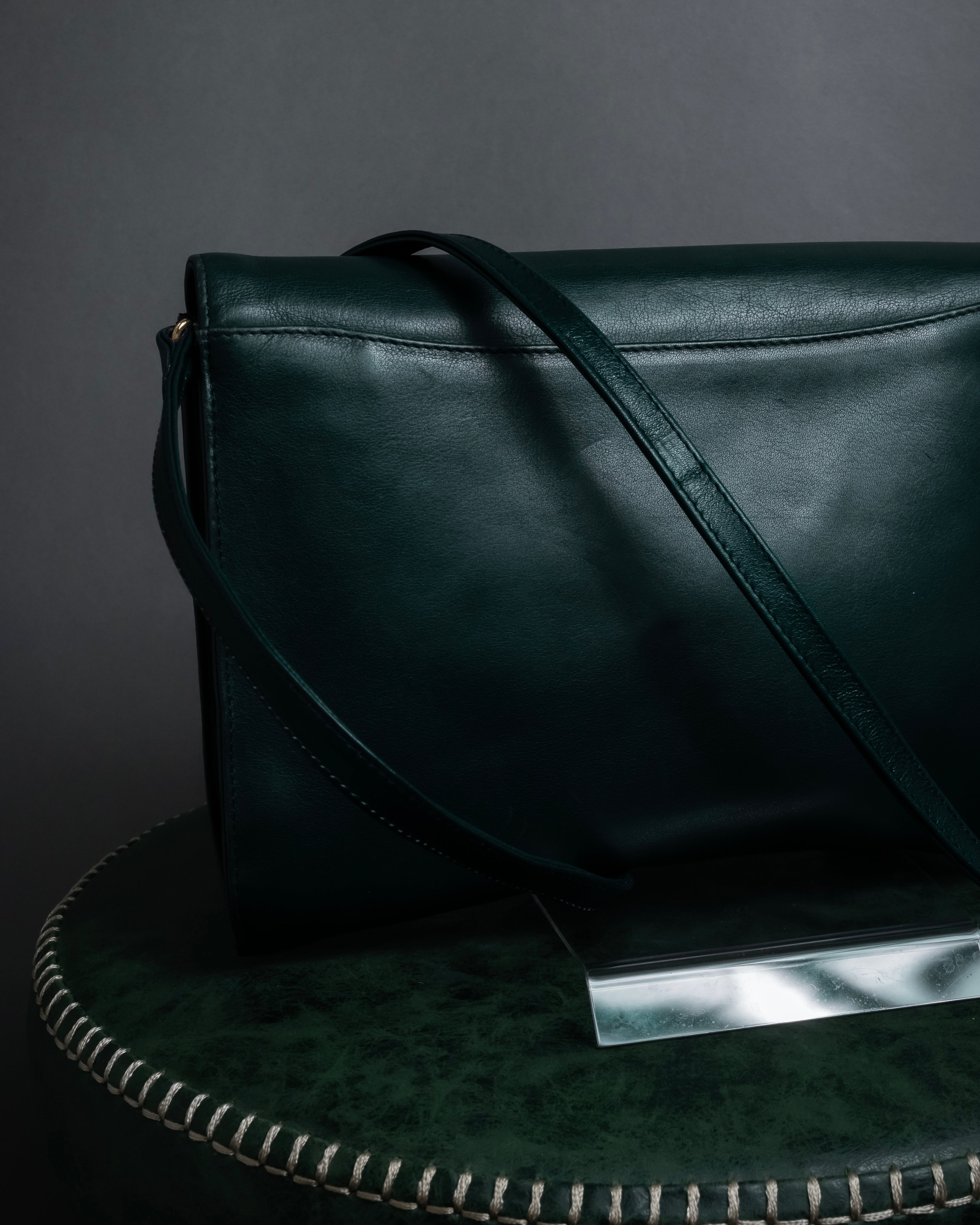 "Valentino Garavani" 80's Knot detail logo engraved dark green leather bag