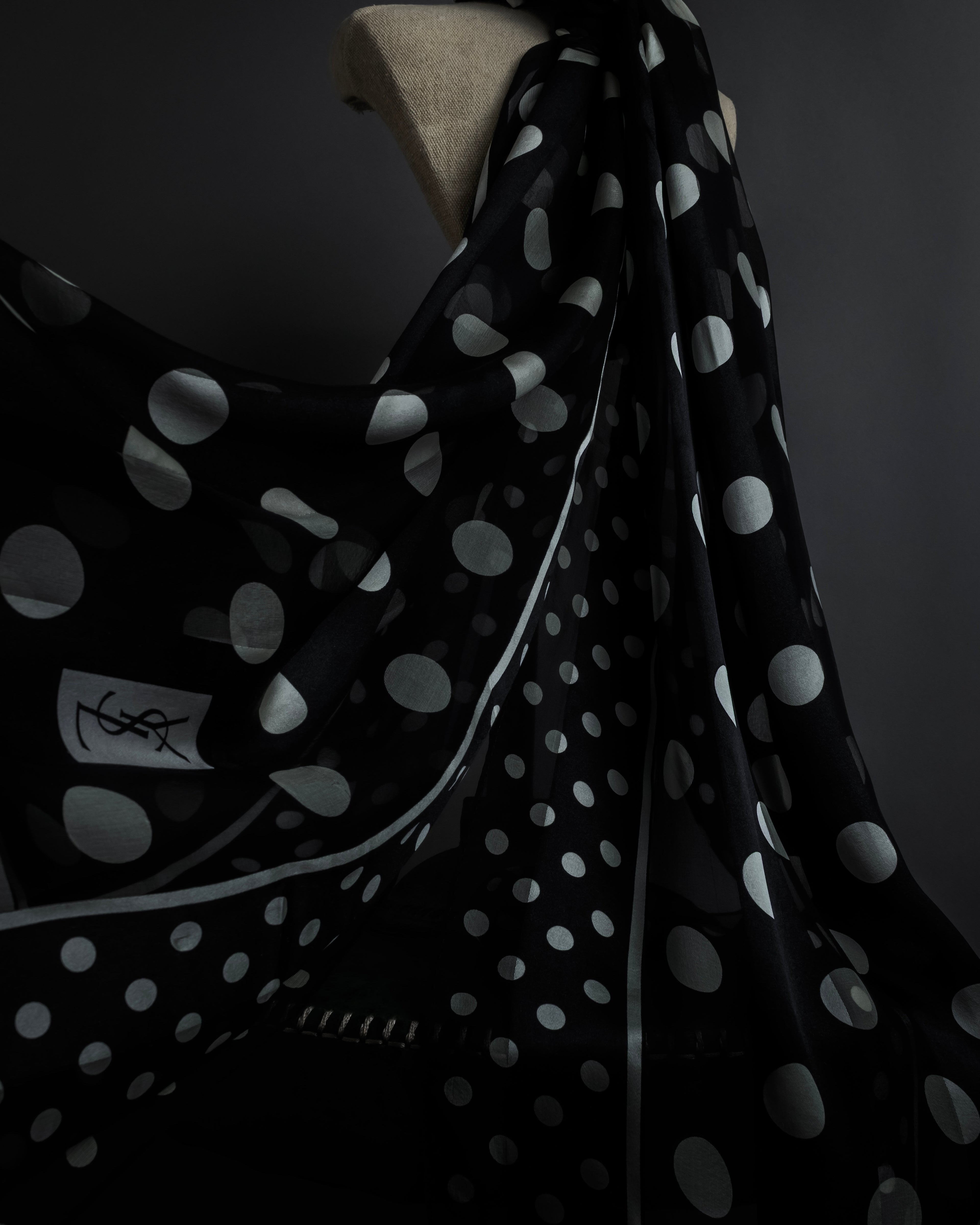 "YVES SAINT LAURENT" Large polka dot silk long scarf