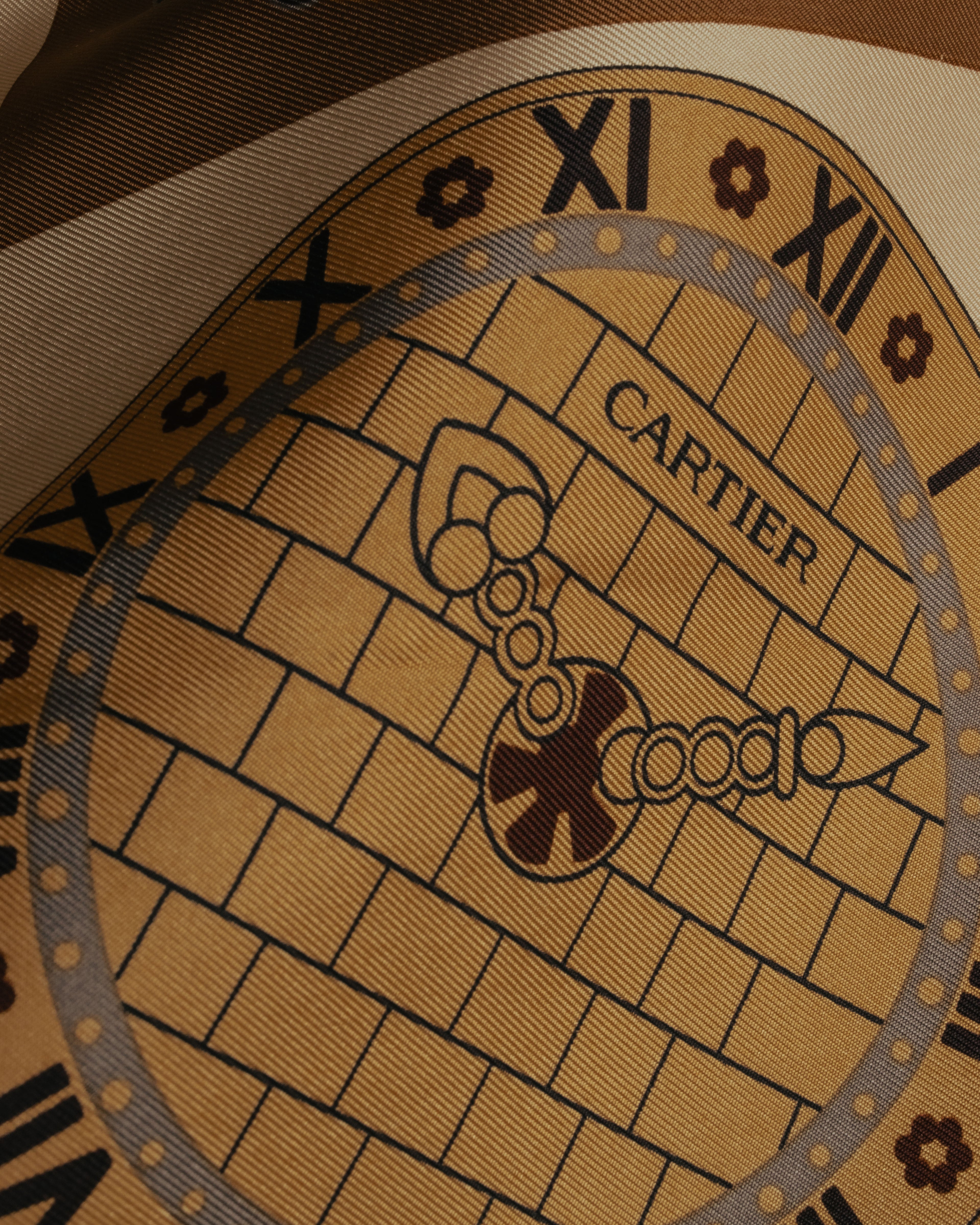 “Cartier“ 80’s-90’s Timepiece motif silk scarf