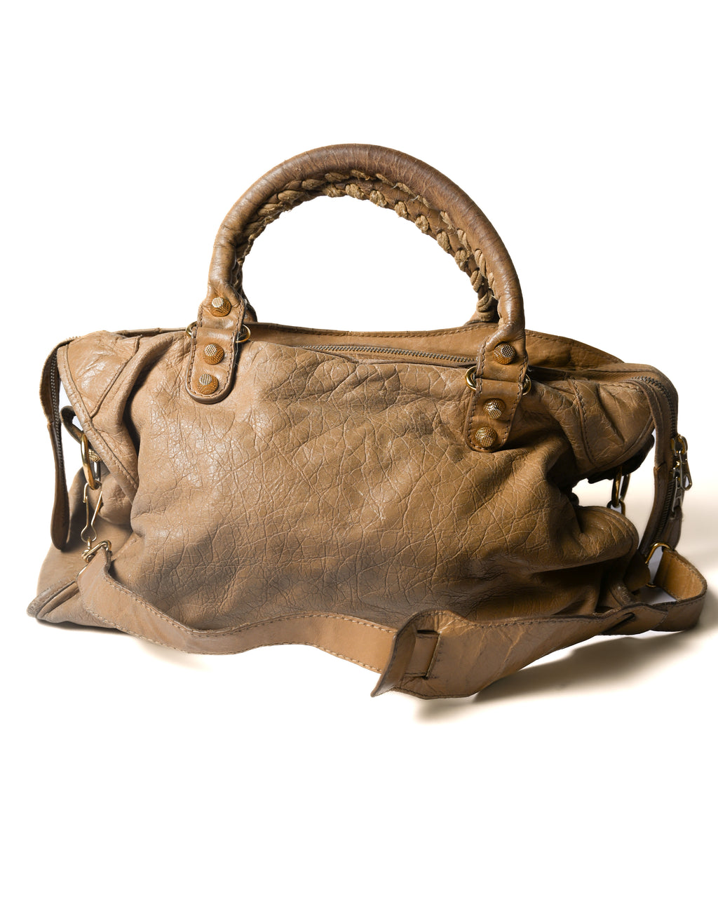 BALENCIAGA/ “Giant City” Gold Studs 2 Way Handbag Beige