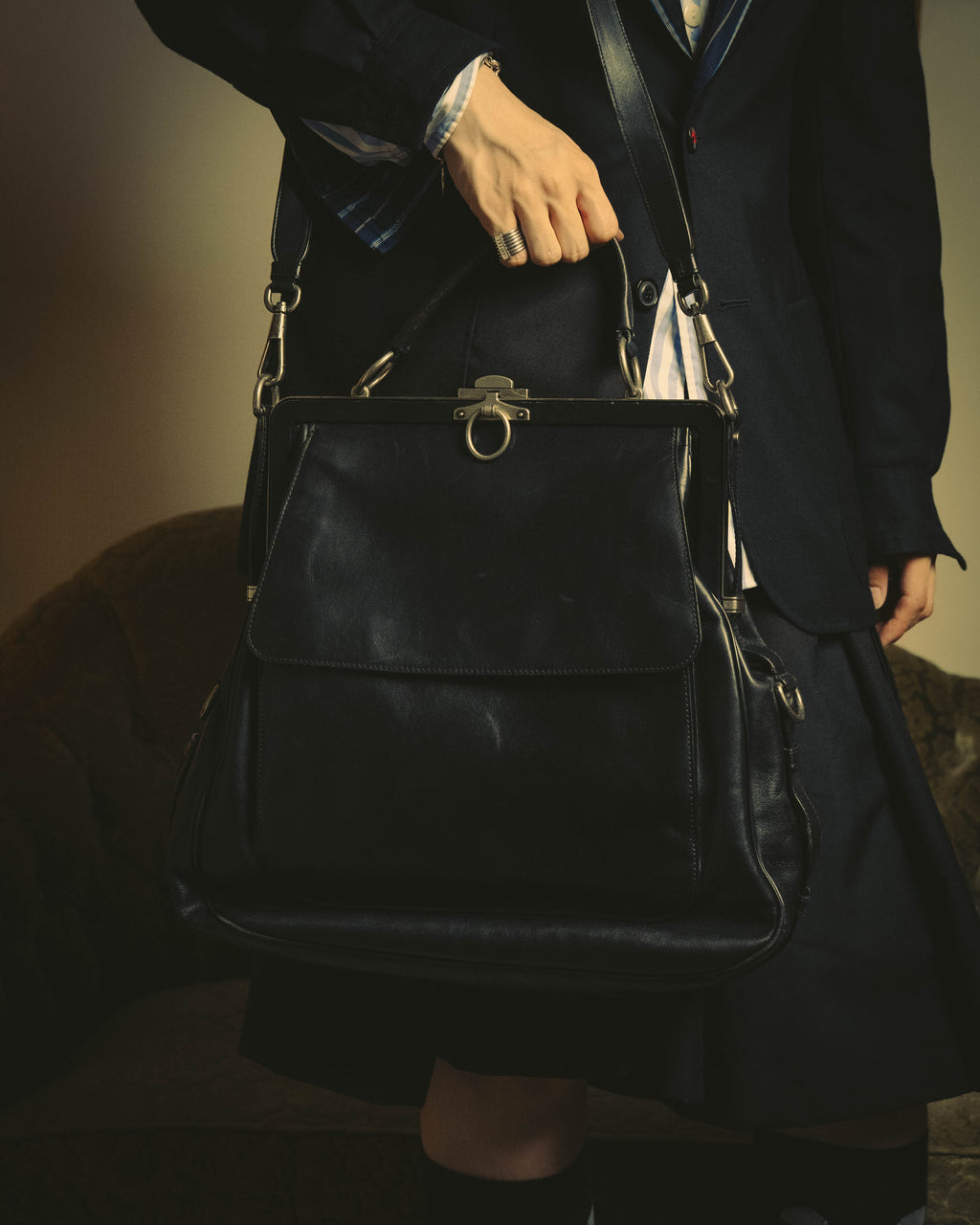 -SPECIAL- "Yves Saint Laurent" 00's Rive gauche black leather frame handbag