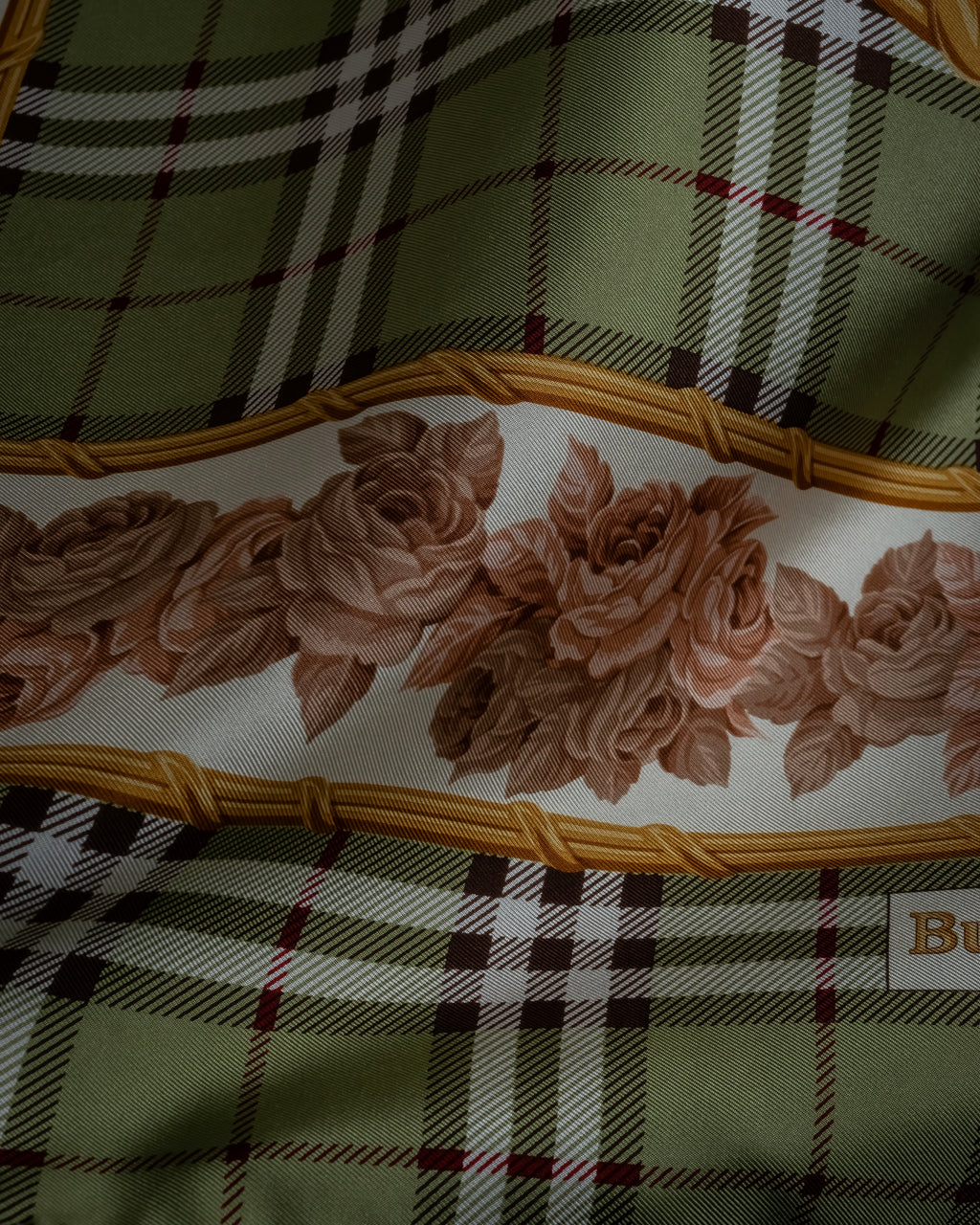 "BURBERRYS" Rose motif layered check pattern silk scarf
