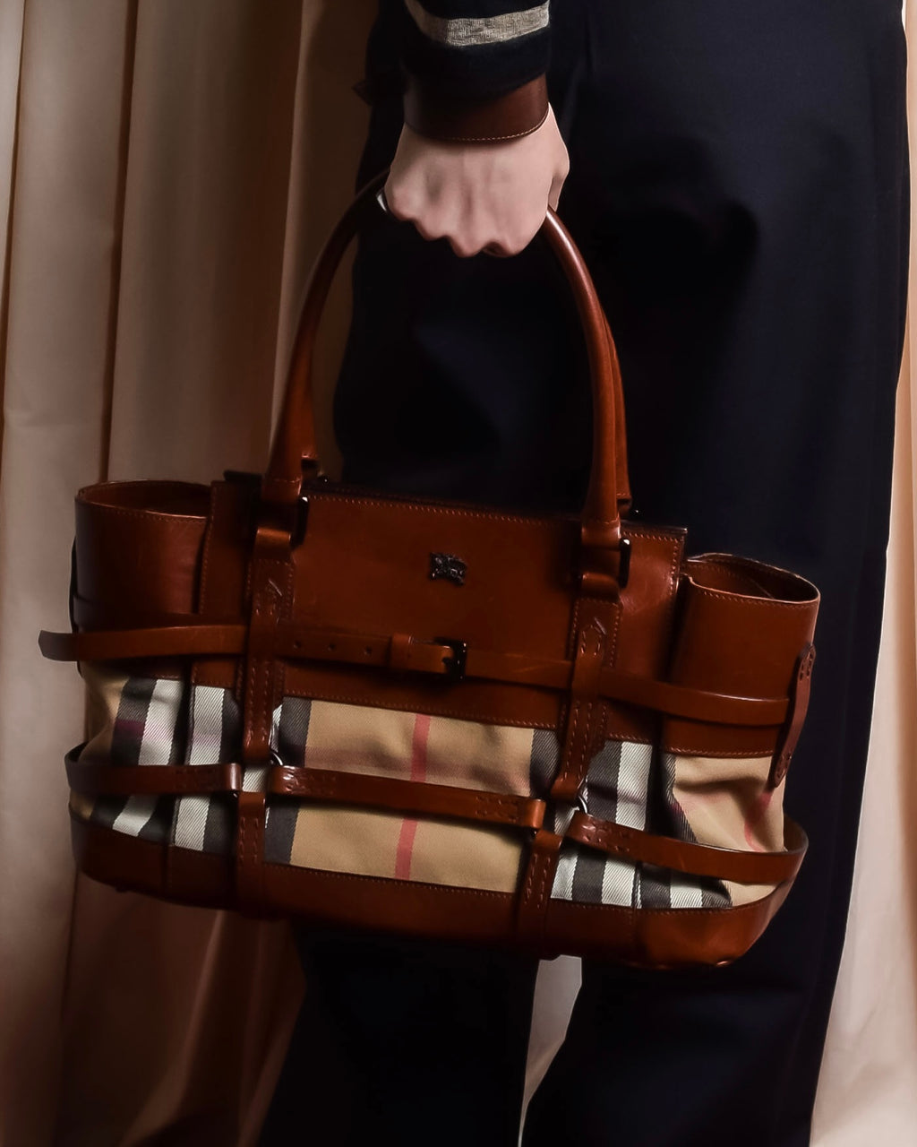 "BURBERRY" Harness detail check canvas leather bag
