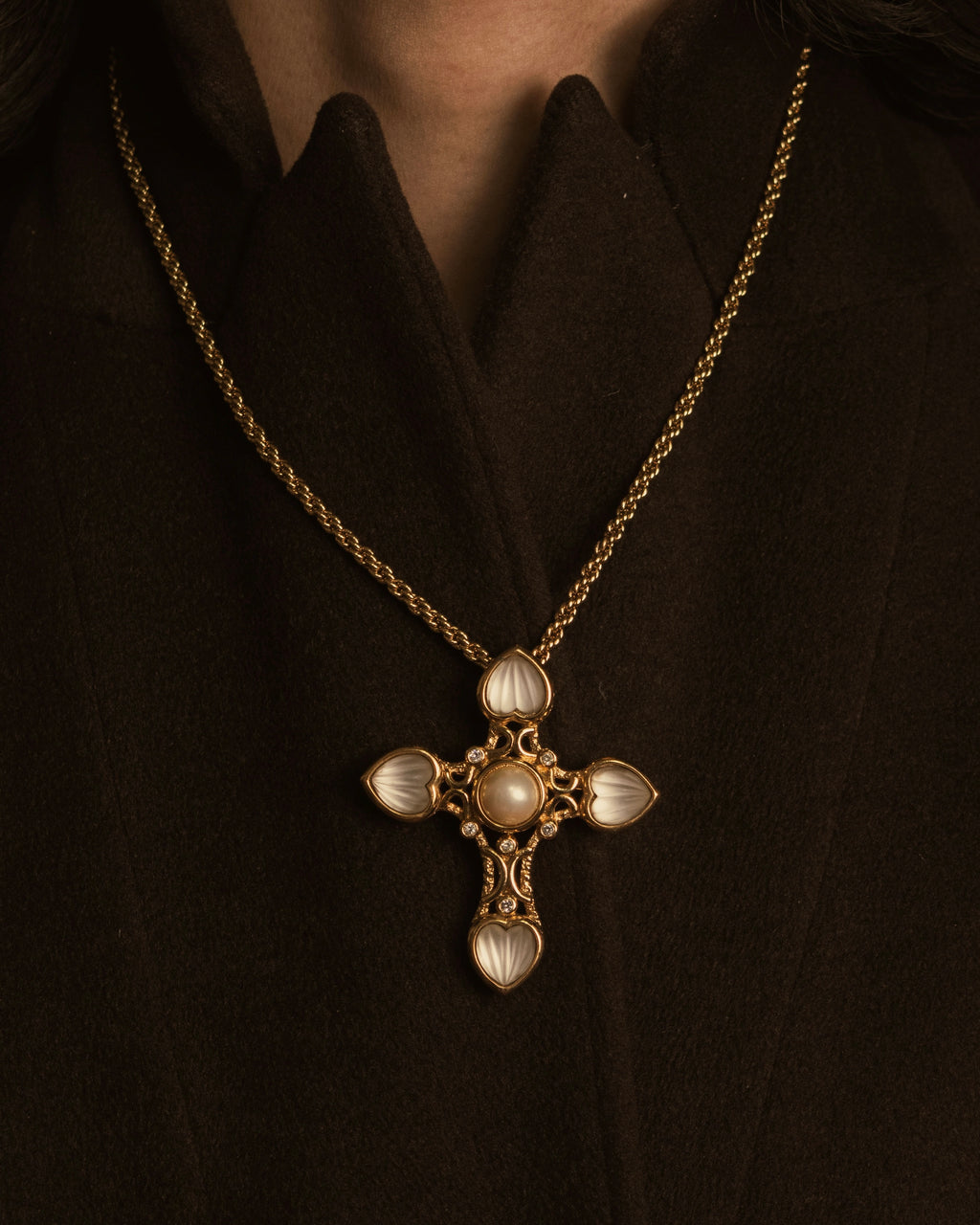 –SPECIAL– "Christian Dior" 80’s cross motif rope chain necklace with 2way brooch pendant