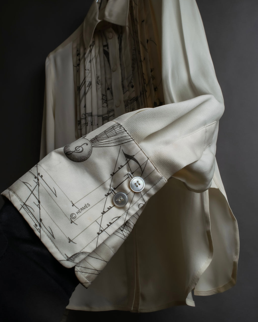 "HERMES" 90's Musical score motif front pleated shirt
