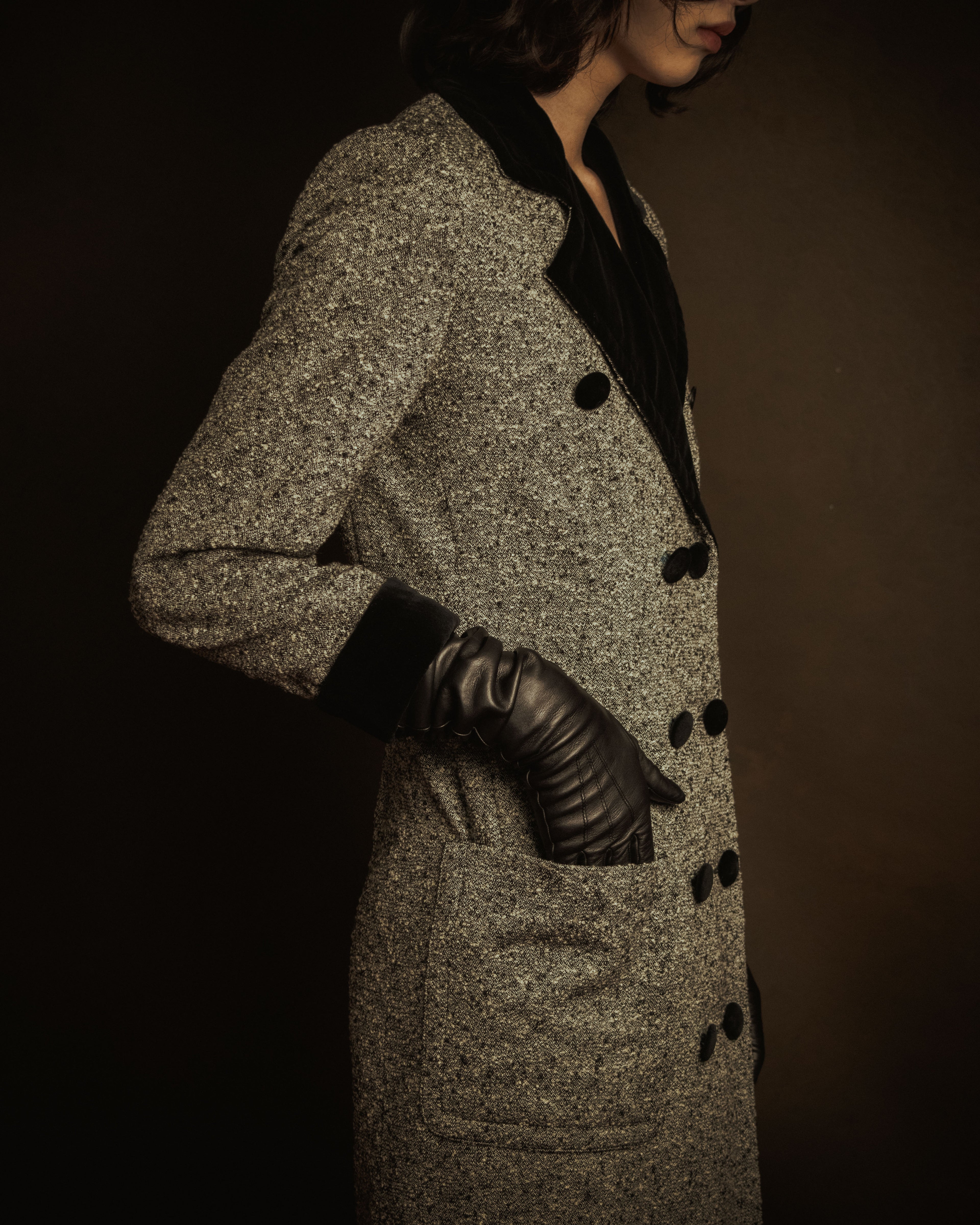 –SPECIAL– "CELINE" 70’s-80’s Classic tweed velvet-collar long coat