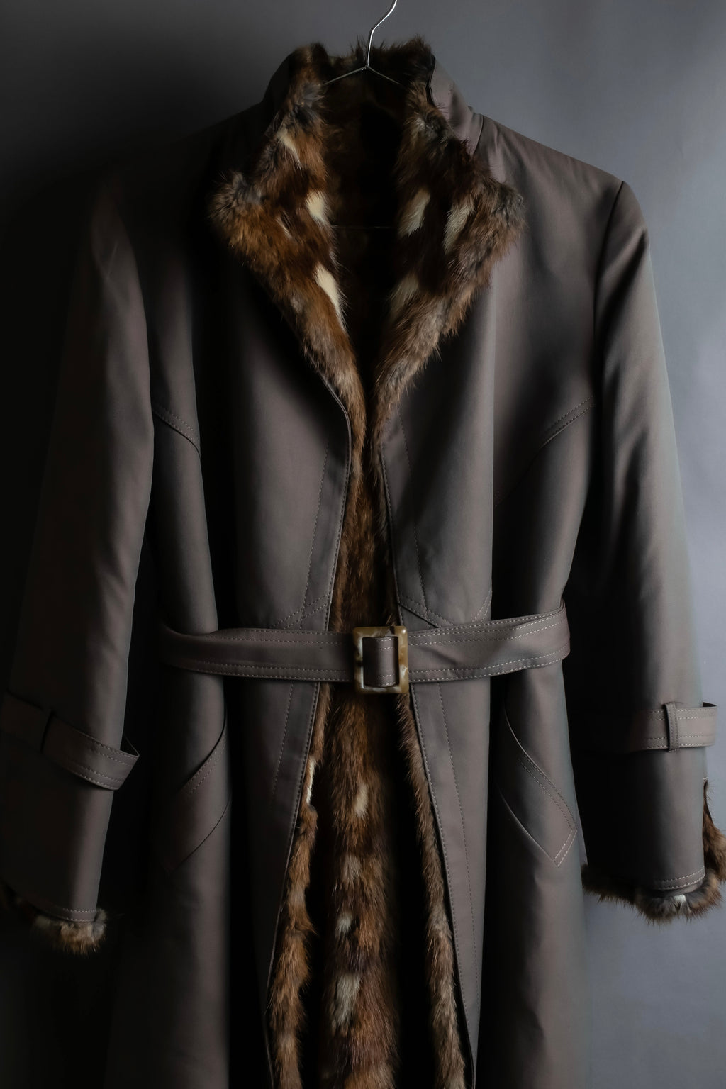 "HIROKI" Real fur lined maxi length belted coat