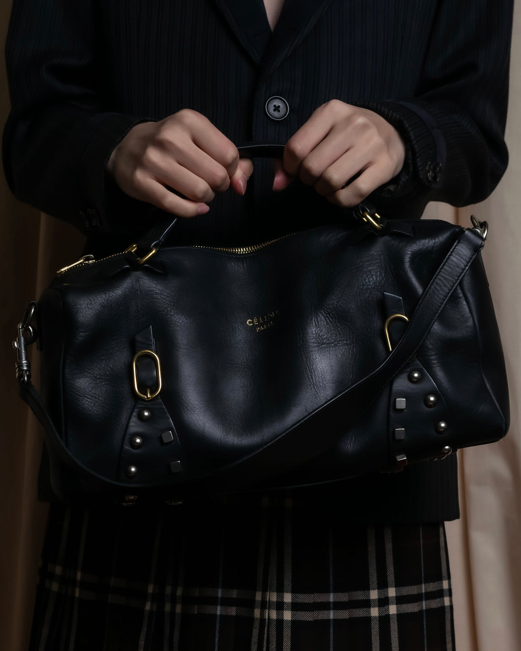 "CELINE" Various studs horizontal leather 2way bag