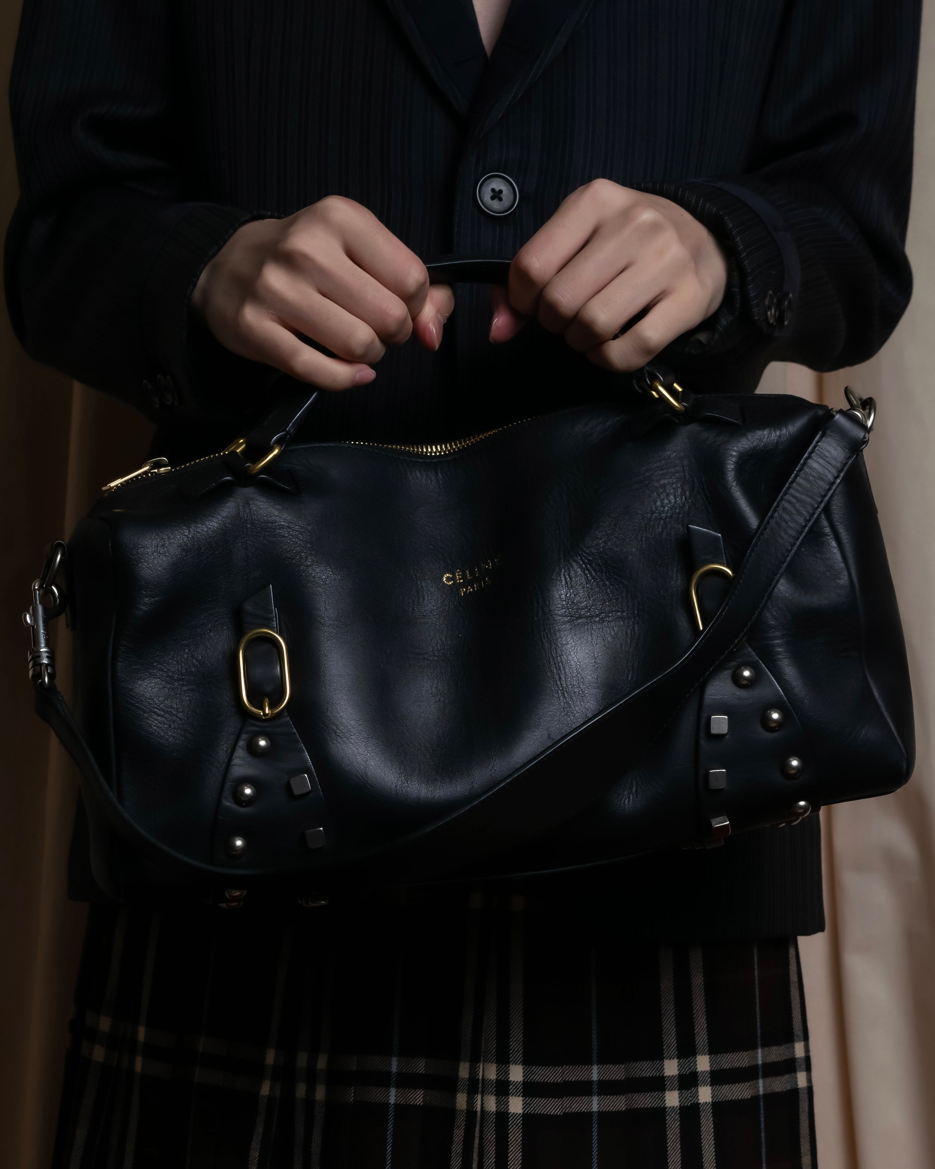 "CELINE" Various studs horizontal leather 2way bag