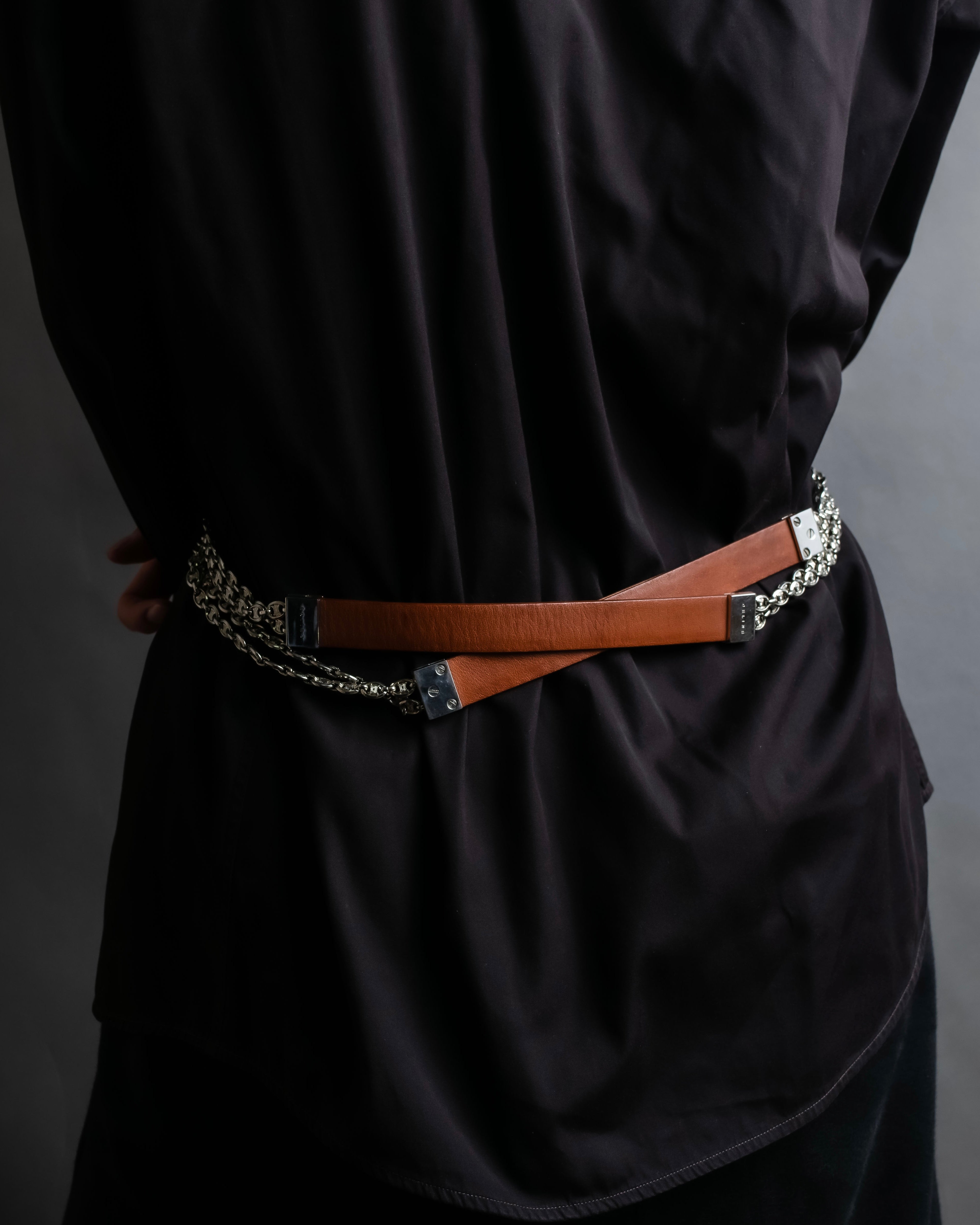 "CELINE" Oval link chain design leather combination belt
