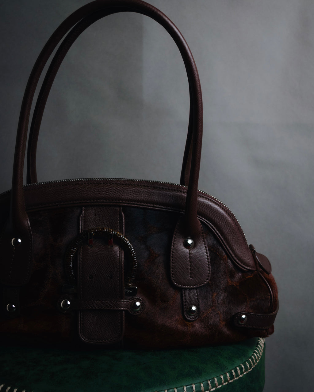 –SPECIAL– "Salvatore Ferragamo" 00’s calf hair gancini rattan accent handbag