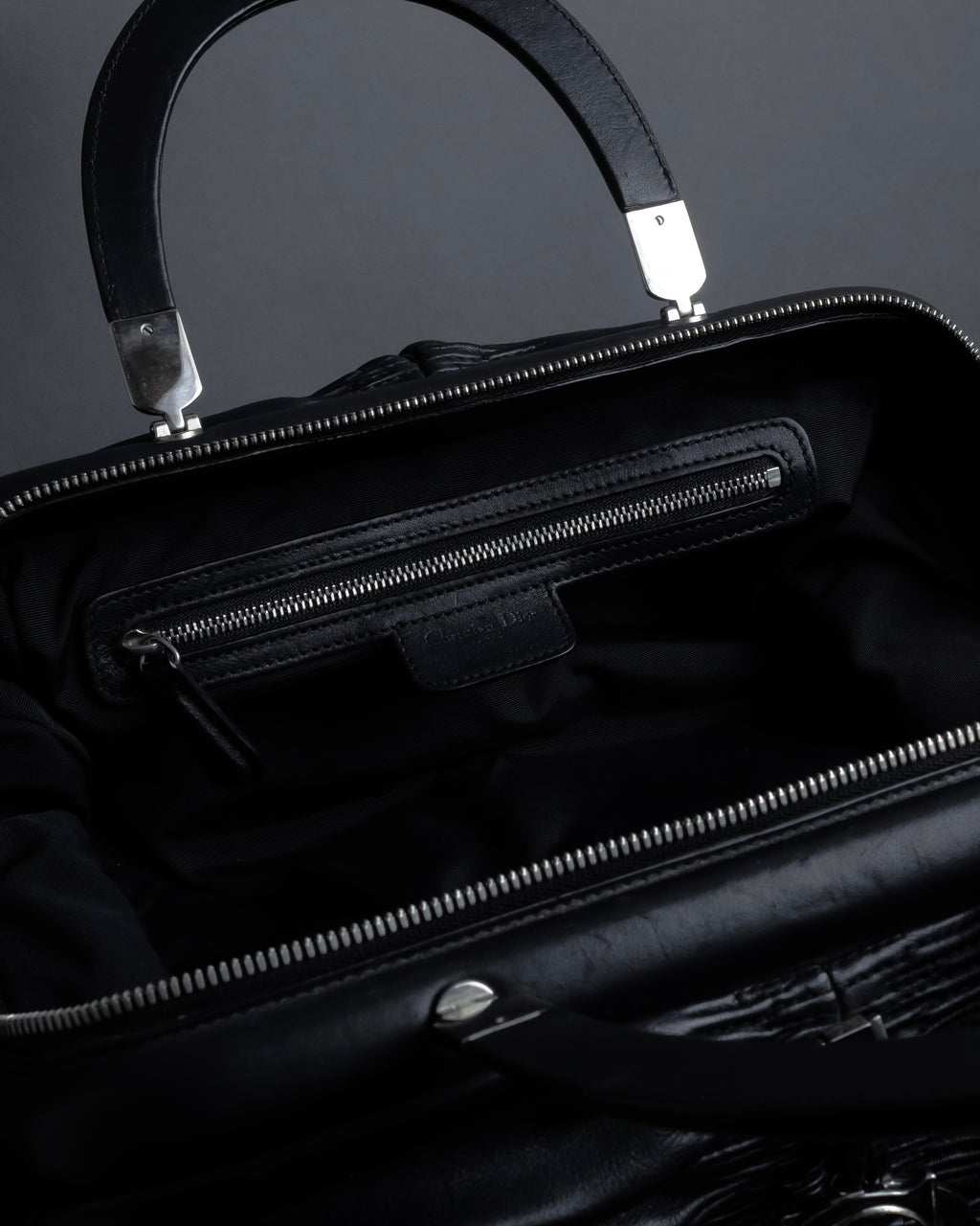 "Christian Dior" CD motif charm design gathered leather hand bag