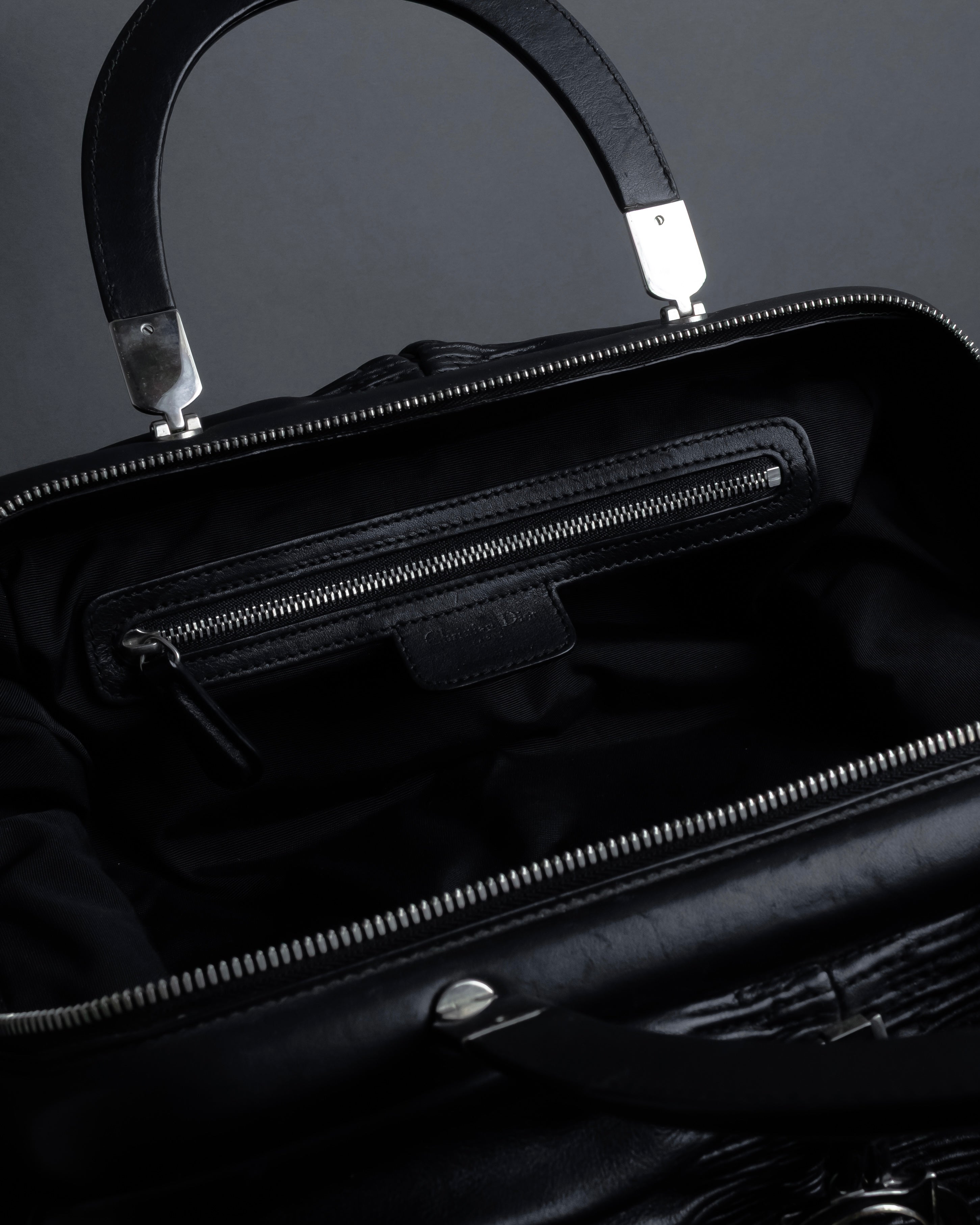 "Christian Dior" CD motif charm design gathered leather hand bag