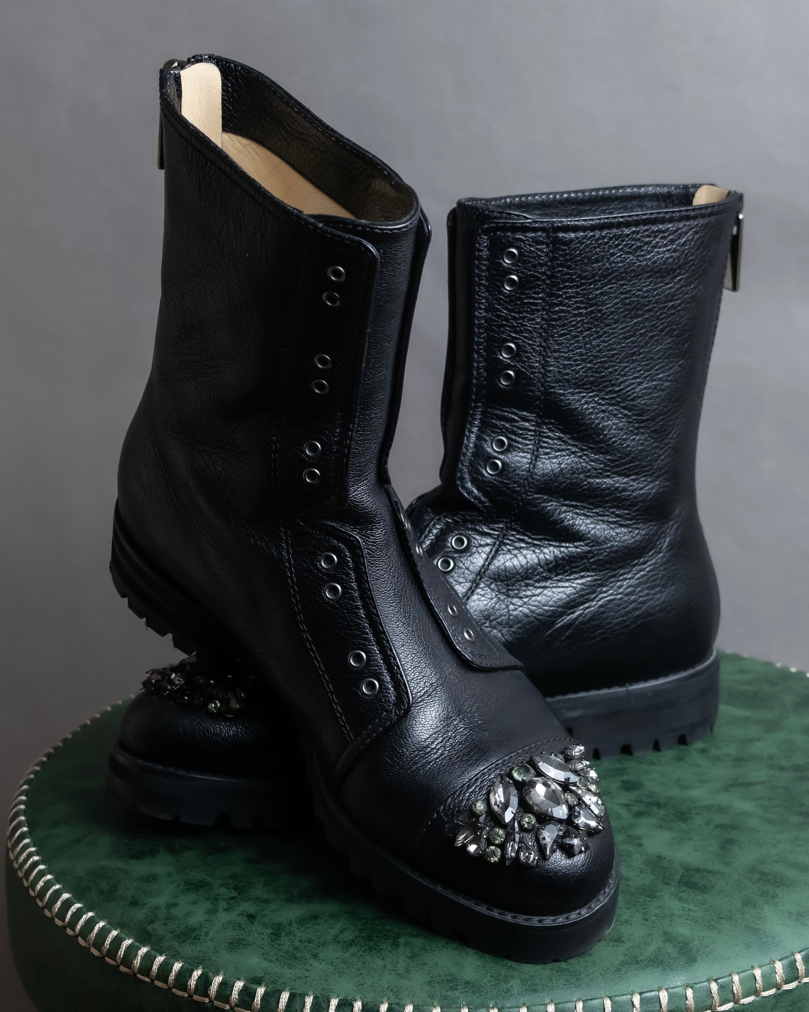 "Jimmy Choo" Bejeweled leather long boots