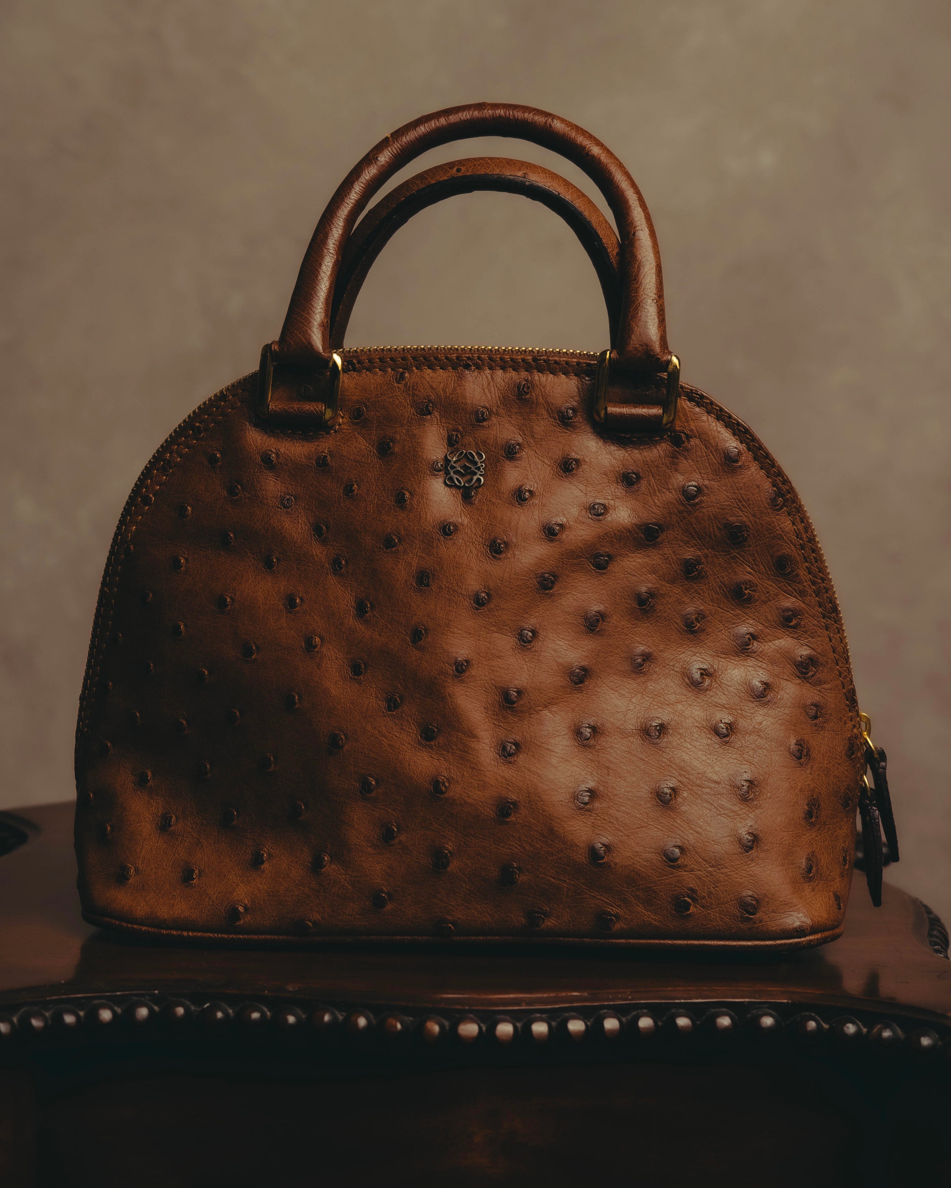"LOEWE" 80's-90's Classic ostrich leather top handle handbag