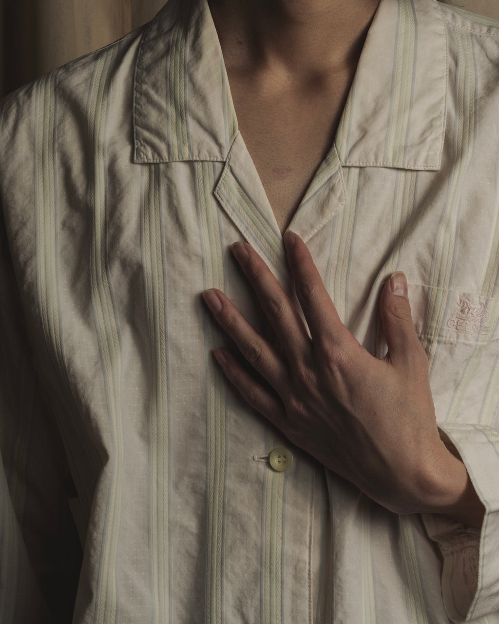 Camisa de pijama de rayas pastel con dobladillo de los años 80-90 de "CELINE"