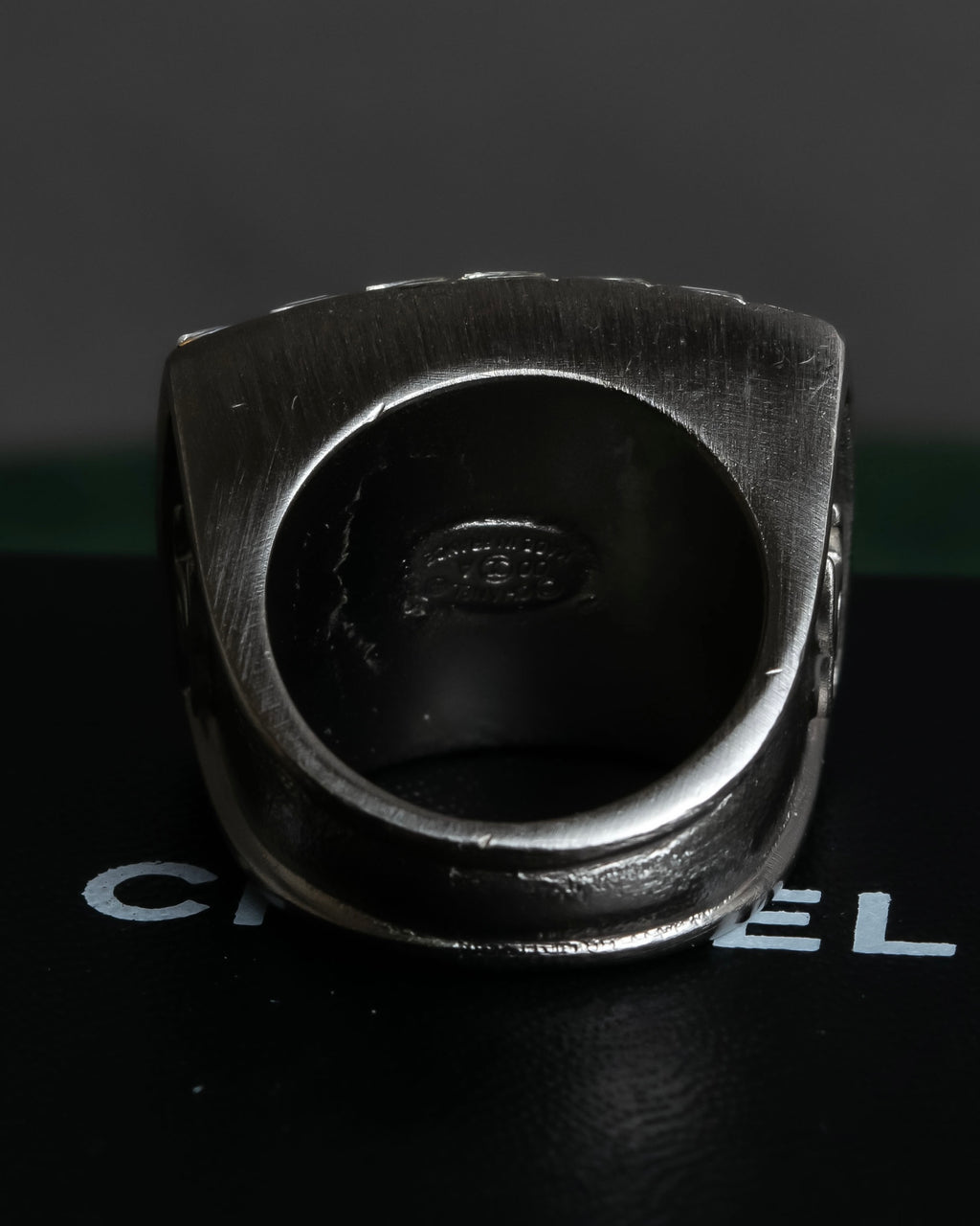 "CHANEL" 00AW Karl Lagerfeld period clear stone design logo engraved ring
