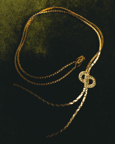 "Christian Dior" 80's-90's Gold tone rhinestone cd lariat necklace