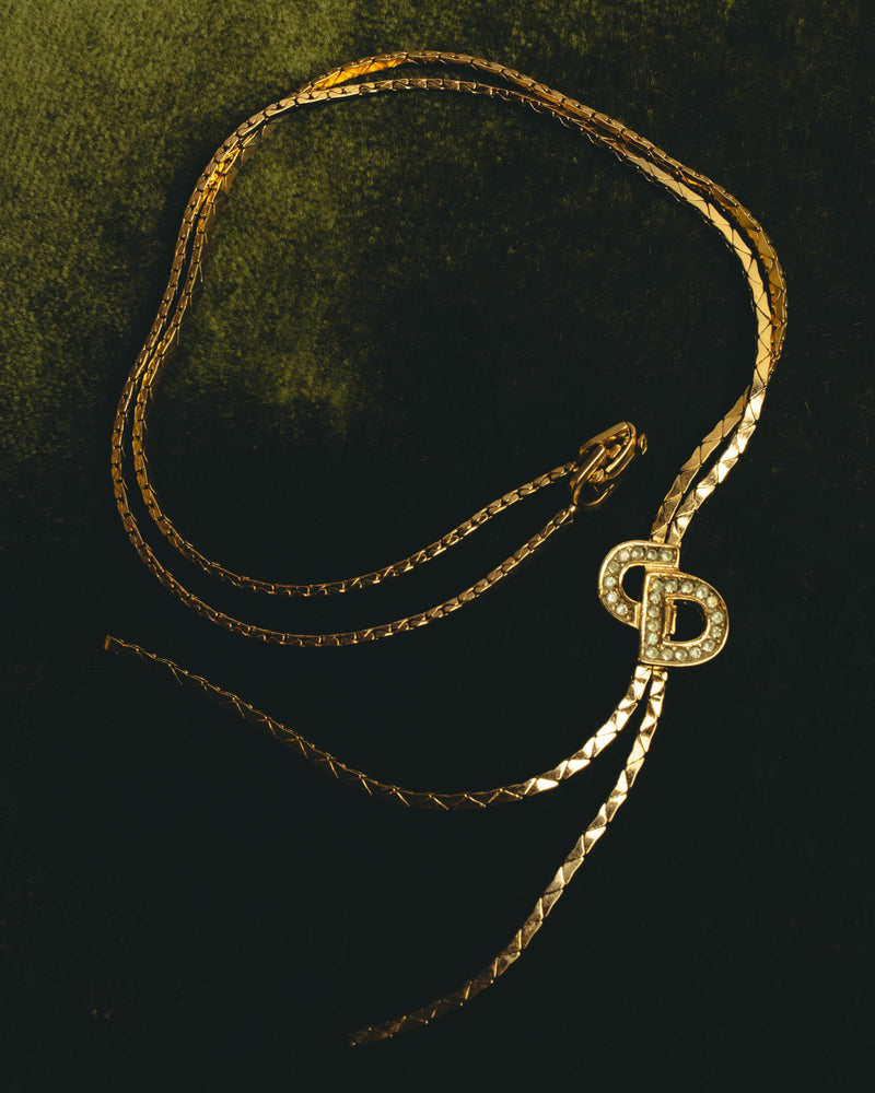 "Christian Dior" 80's-90's Gold tone rhinestone cd lariat necklace
