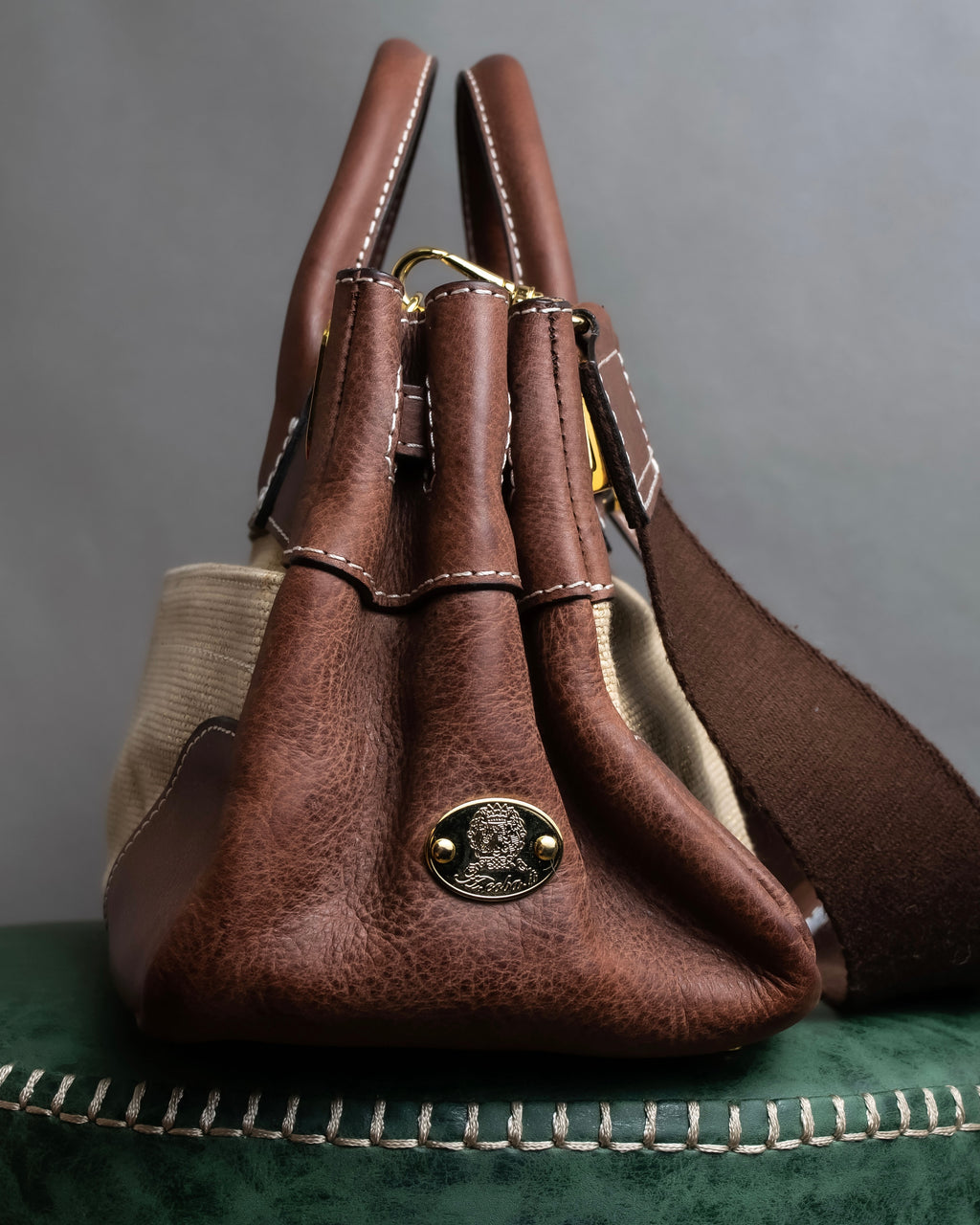 "ADMJ" Leather &amp; canvas combination 2way shoulder bag
