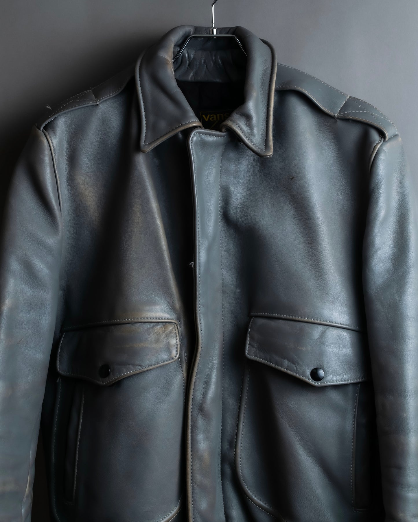 "VANSON" Out pocket design ribbed leather jacket