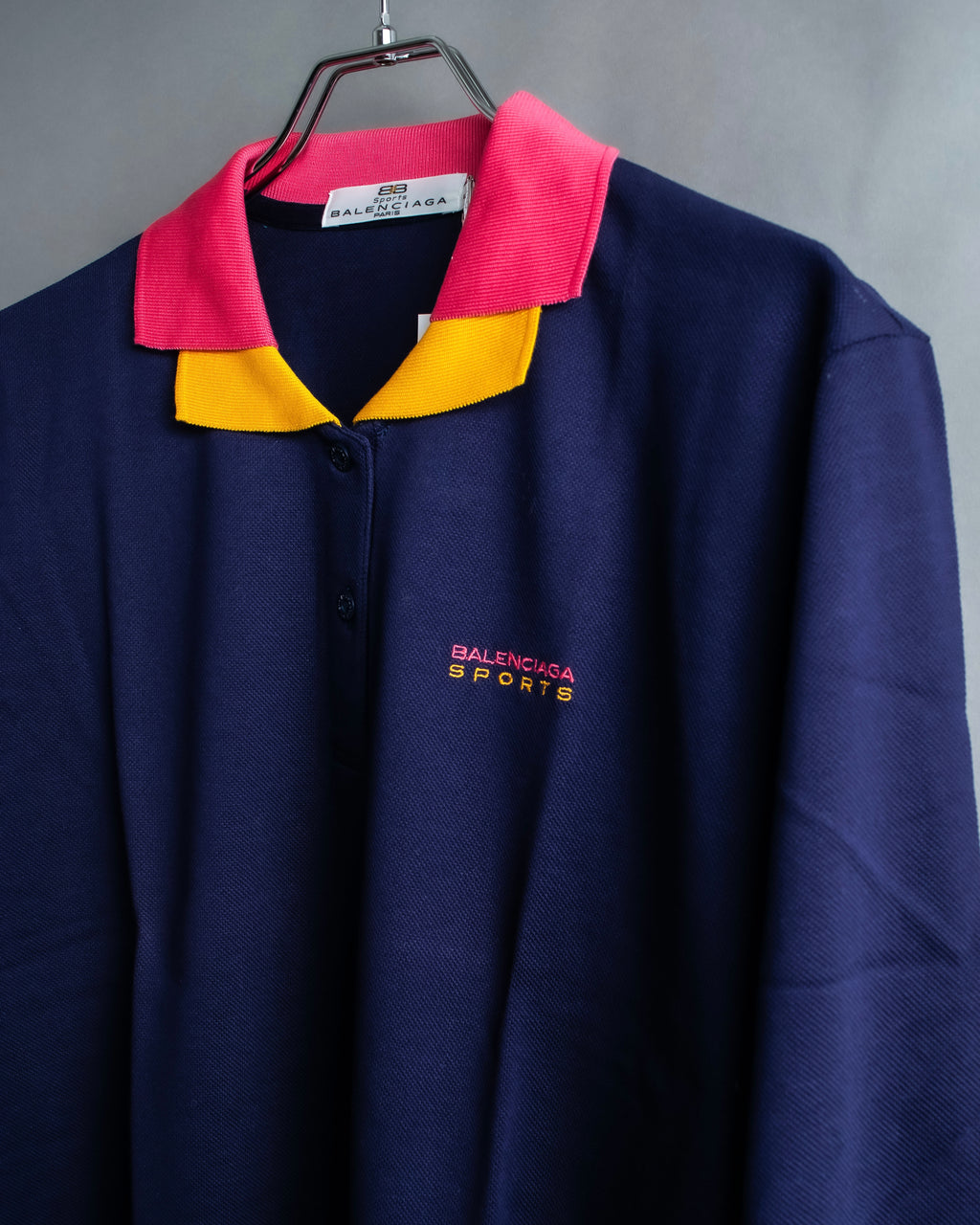 "Balenciaga Sports" Pink & yellow collar long sleeve polo shirt