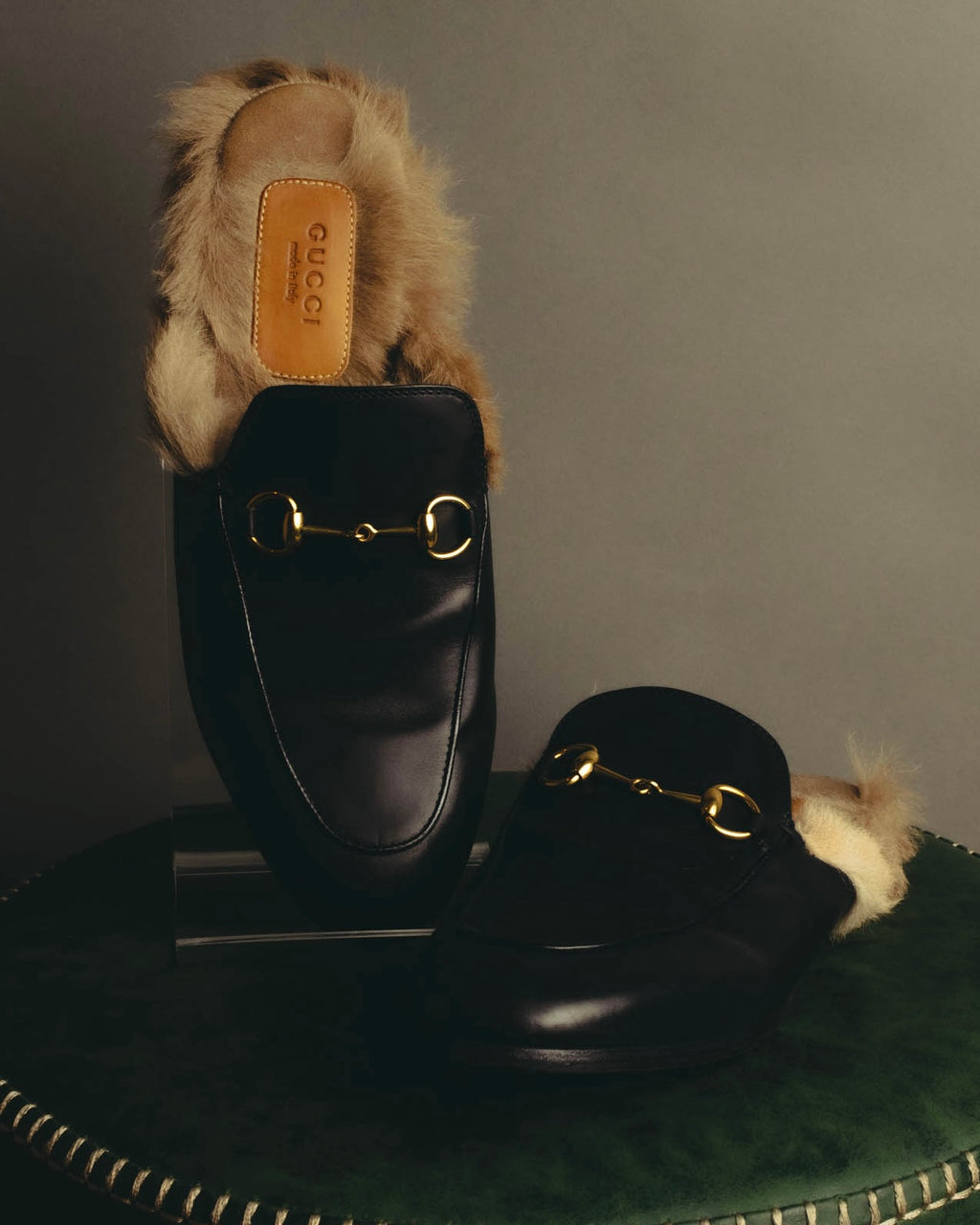 "GUCCI" 2010's Fur lined horsebit leather loafer mule