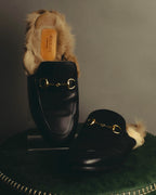 "GUCCI" 2010's Fur lined horsebit leather loafer mule