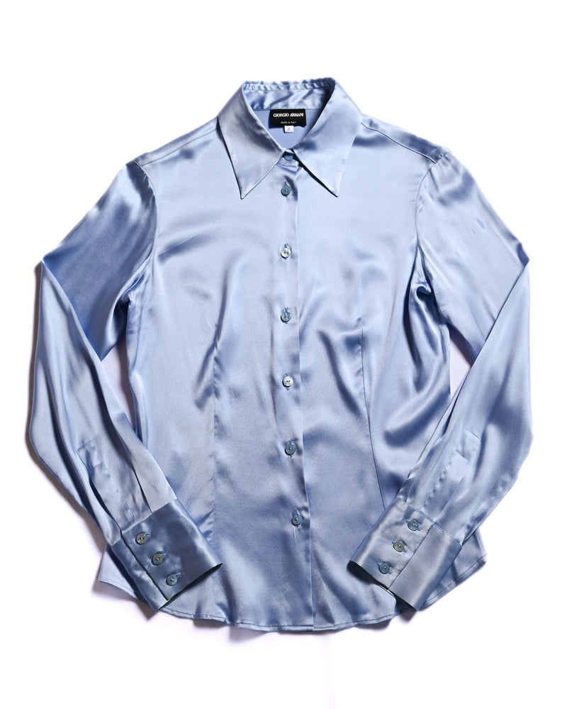 GIORGIO ARMANI/ Beautiful Stretch Satin Dress Shirt Shiny Blue
