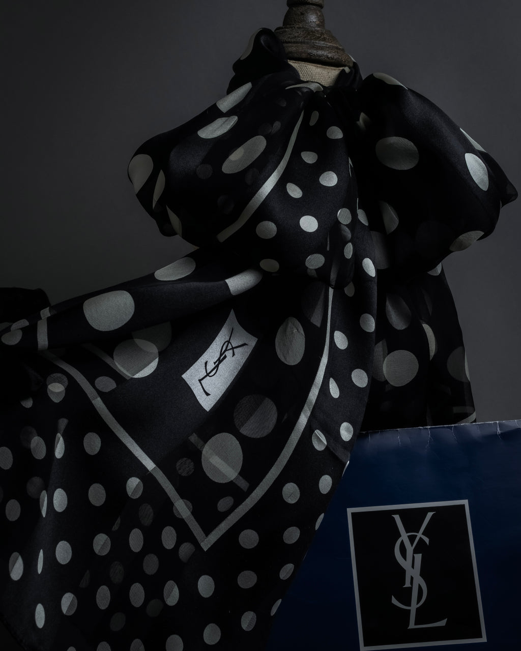"YVES SAINT LAURENT" Large polka dot silk long scarf