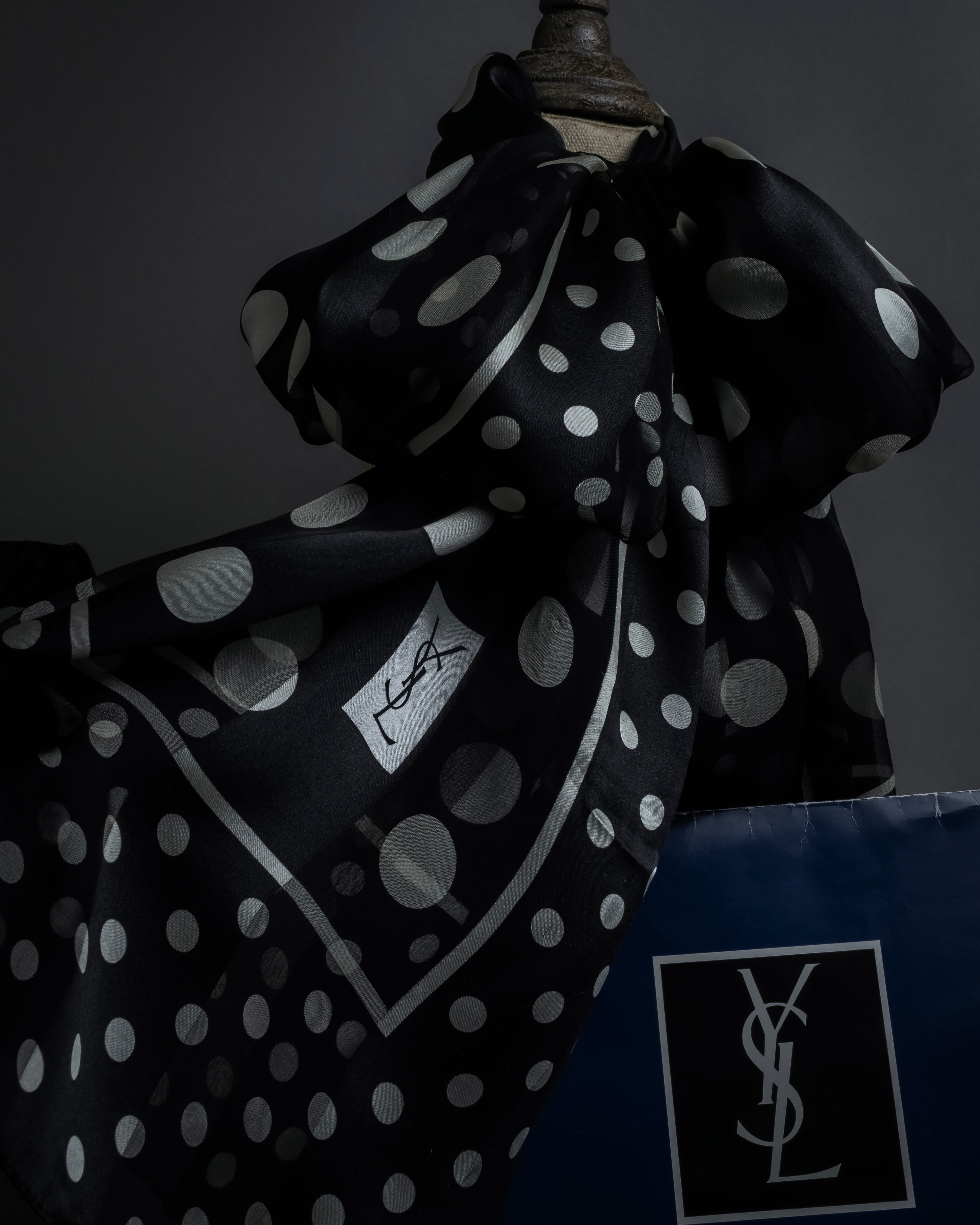 "YVES SAINT LAURENT" Large polka dot silk long scarf