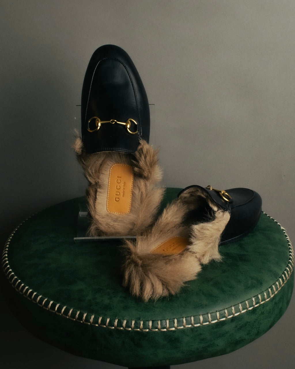 "GUCCI" Fur lined horsebit backless loafer