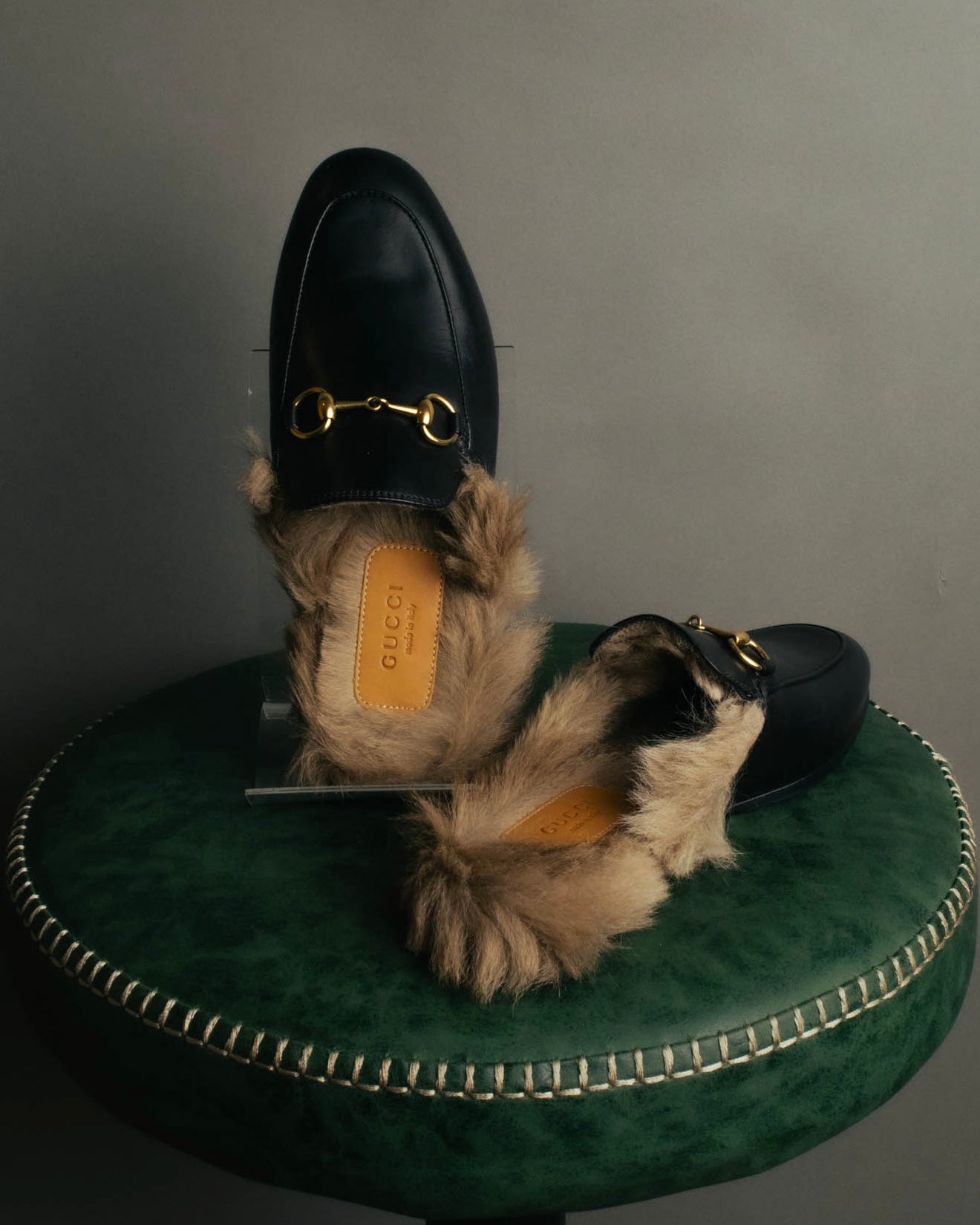 "GUCCI" Fur lined horsebit backless loafer
