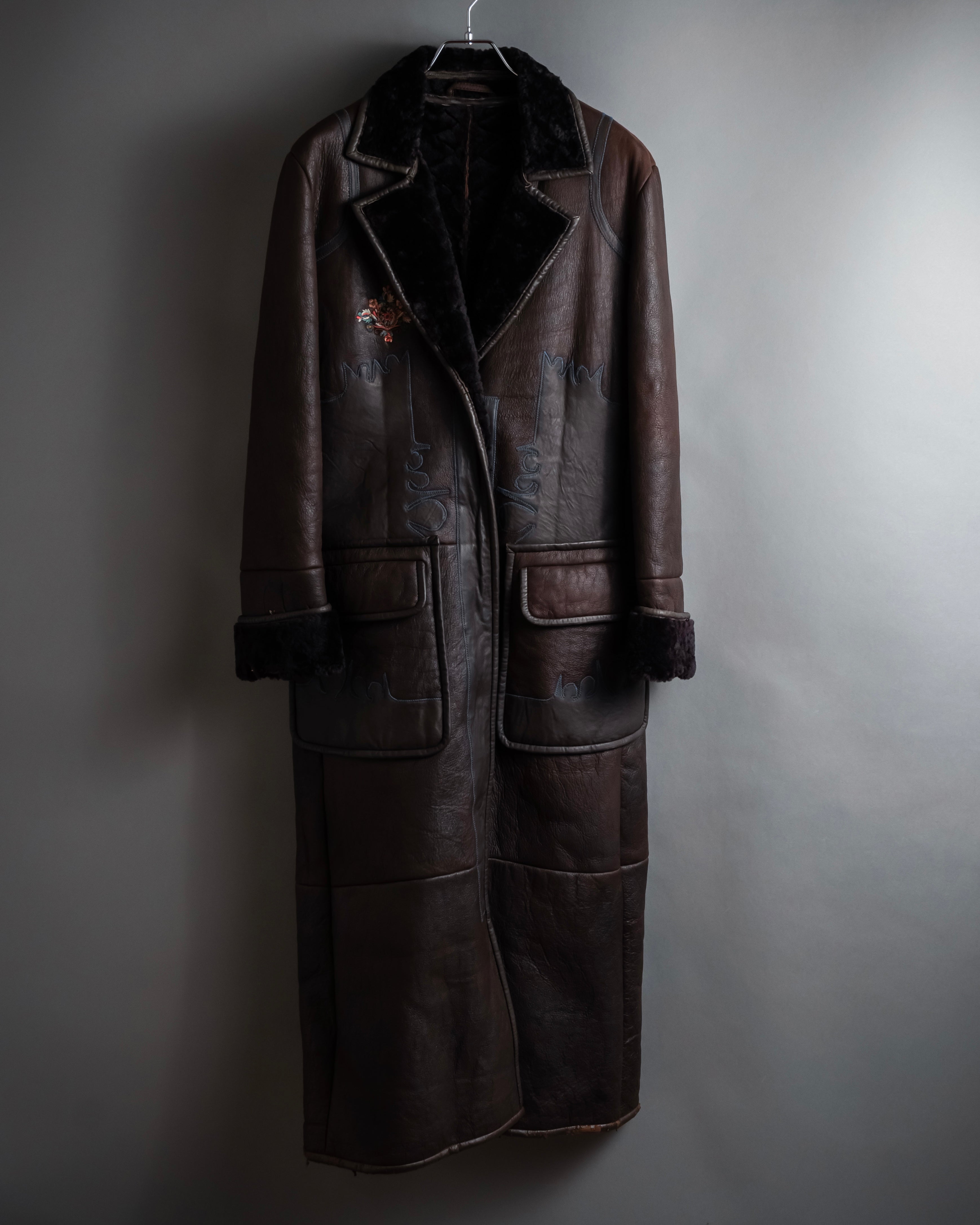 “KENZO” 80’s Folkloric shearling-lined leather long coat