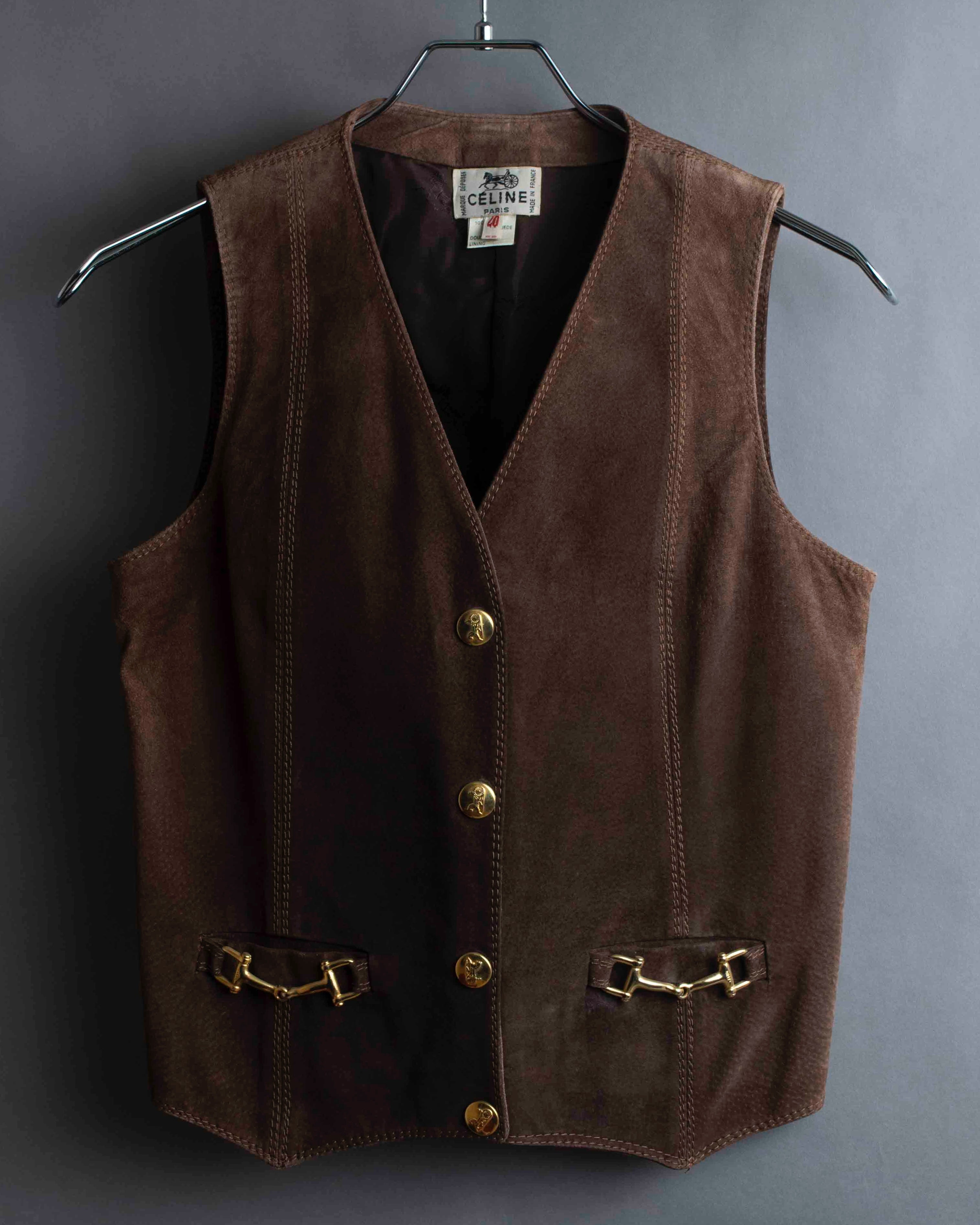 "CELINE" Horse tack motif metal fittings design suede vest