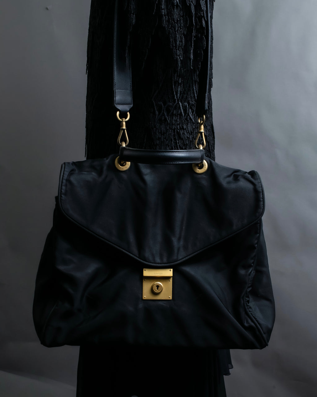 “JIL SANDER” Gold buckle 2 way nylon hand bag