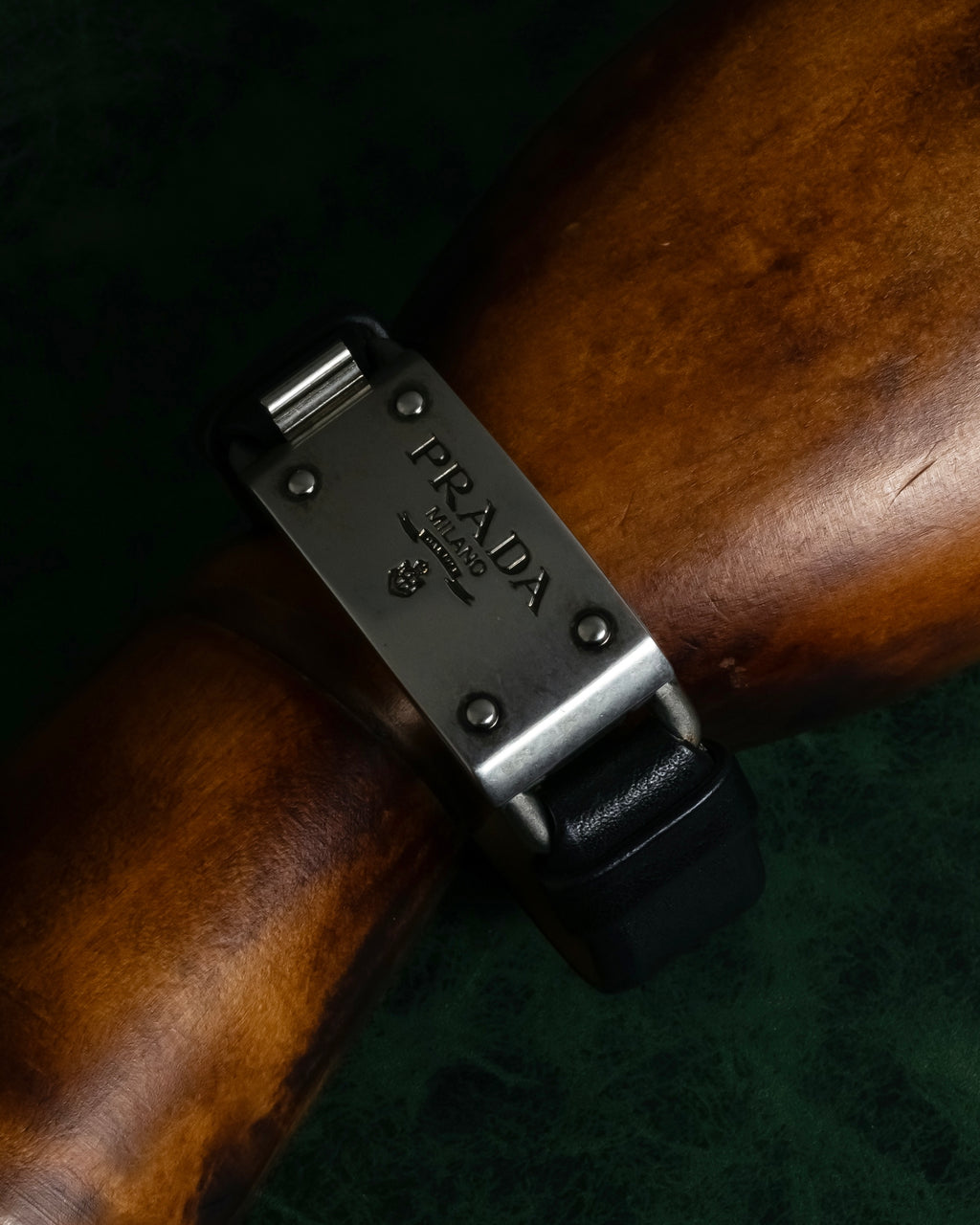 "PRADA" Logo engraved metal plate design leather bracelet