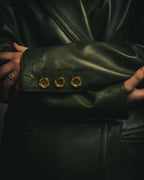 -SPECIAL- “LOEWE” 80’s-90’s Gold buttoned olive leather double-breasted tailored jacket