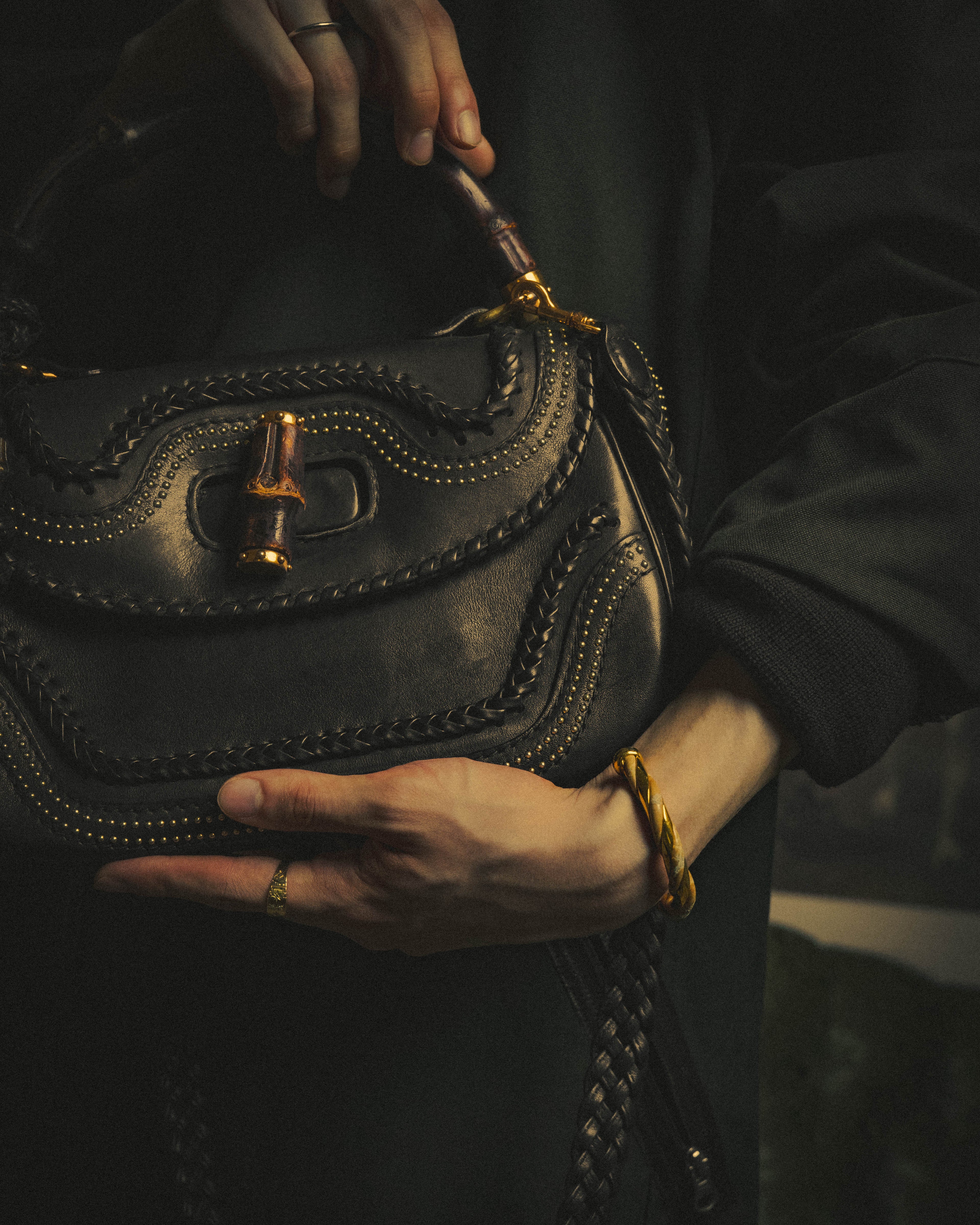 –SPECIAL– "GUCCI" 10's Embellished bamboo leather handbag
