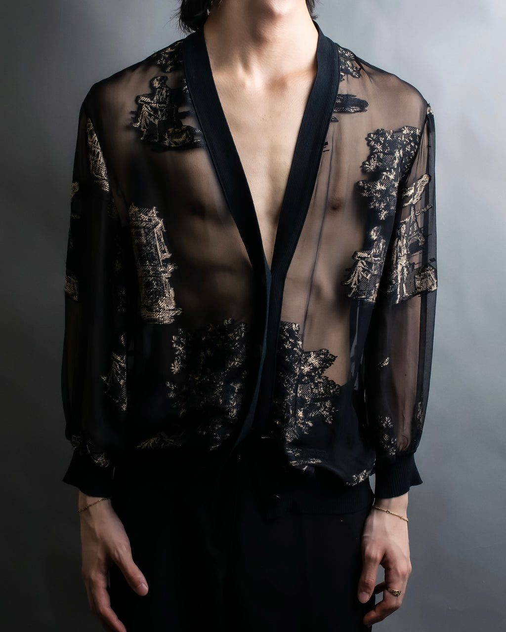 "HERMES" Embroidered design see through cardigan