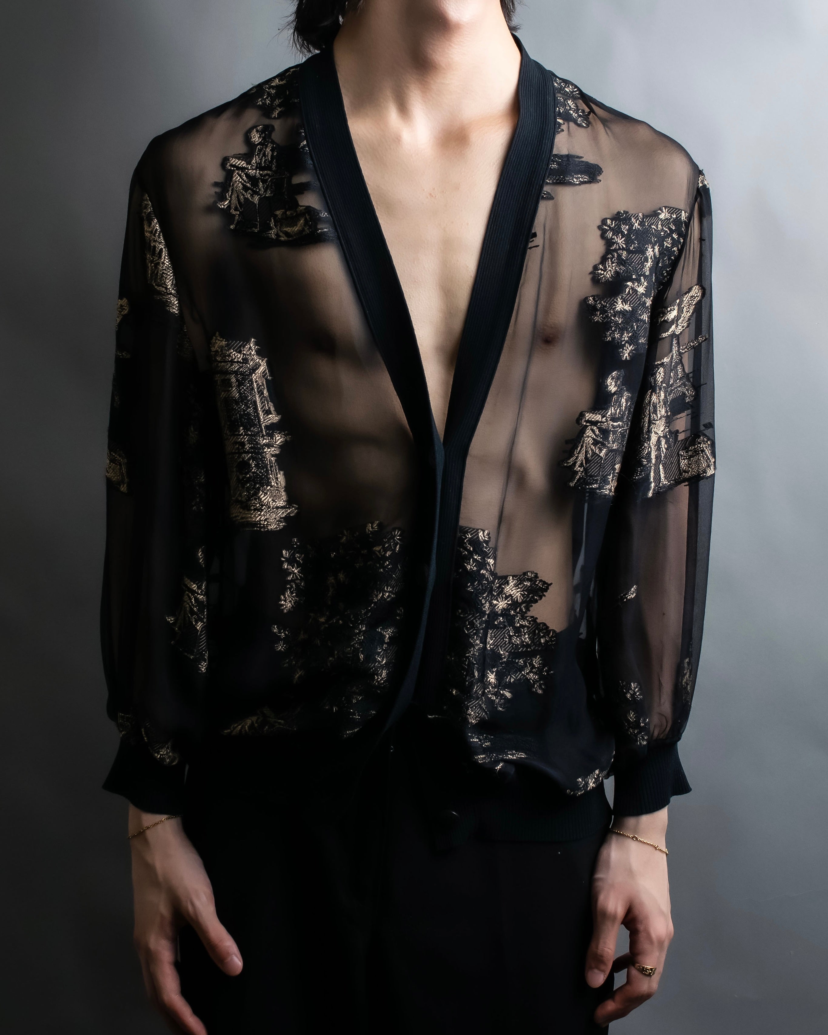 "HERMES" Embroidered design see through cardigan